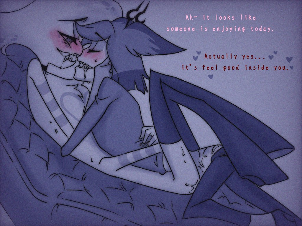 2boys, 4 arms, alastor (hazbin hotel), anal, anal sex, angel dust (hazbin hotel), blush, chest tuft, choker, closed eyes, deer, demon, hand on face, hazbin hotel, hug, hugging, implied anal, legs up, legs wrapped around partner, lena sins, looking down, looking pleasured, male, male only, male penetrated, male penetrating, mostly clothed, multi arm, multi limb, naked, nude, on back, pants down, saliva, saliva trail, scars, sharp teeth, spider, text, thighhighs, thighs, vivienne medrano, yaoi