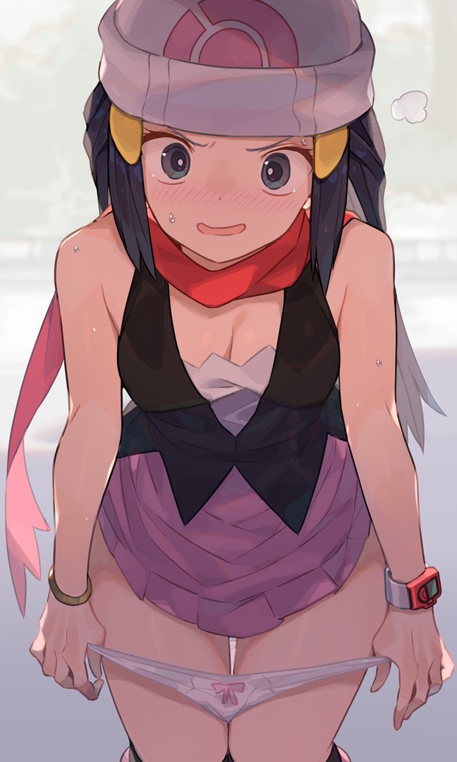 1girls, alternate breast size, blush, bow panties, breasts, cleavage, clothing, dawn (pokemon), female, female only, footwear, fully clothed, headwear, human, medium breasts, neckwear, nintendo, pale skin, panties, panties down, pokemon, pulling panties, solo, spring2013, undressing, video games, white panties, wristwear