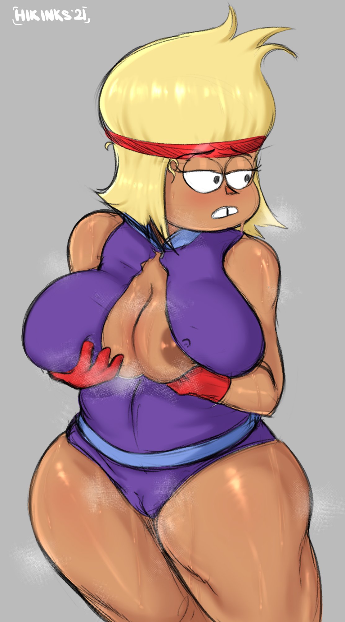 1girls, 2021, areola slip, big breasts, blonde hair, blush, boobs, breasts, carol (ok k.o.! let's be heroes), carol kincaid, chipped tooth, female, female only, hikinks, milf, nipple slip, ok k.o.! let's be heroes, solo, solo female, sweaty, thick thighs, wide hips