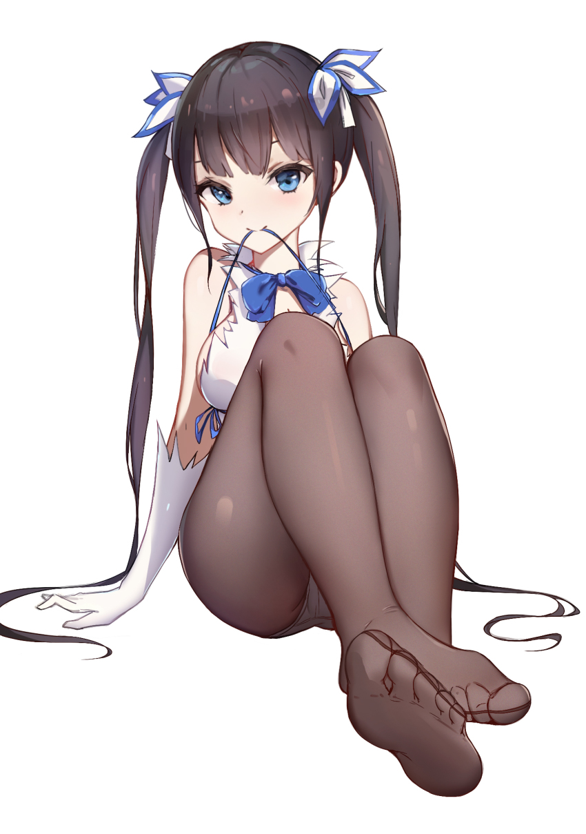 1girls, ass, black hair, black legwear, blue eyes, blush, bowtie, breasts, dungeon ni deai wo motomeru no wa machigatteiru darou ka, feet, female, female only, gloves, hestia (danmachi), long hair, looking at viewer, panties, ribbon, simple background, soles, solo, twintails, underwear, white background, white gloves, white panties