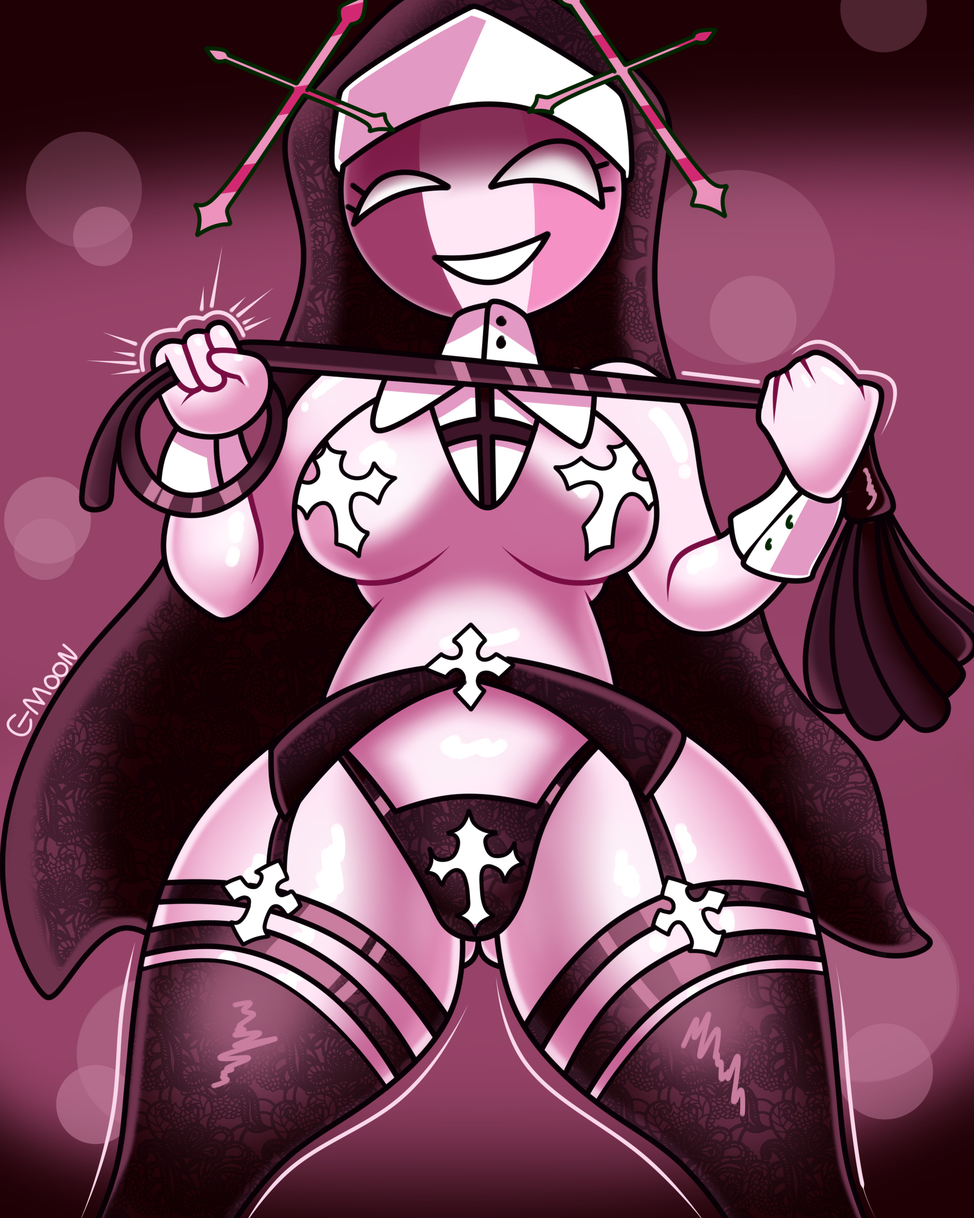ass visible through thighs, bdsm gear, bottom view, breasts, cross, dominatrix, female, female only, friday night funkin, g-moon, garter belt, garter straps, lingerie, mid-fight masses, nun, sarvente (dokki.doodlez), smile, socks, thighhighs, thighs, thong, veil, whip