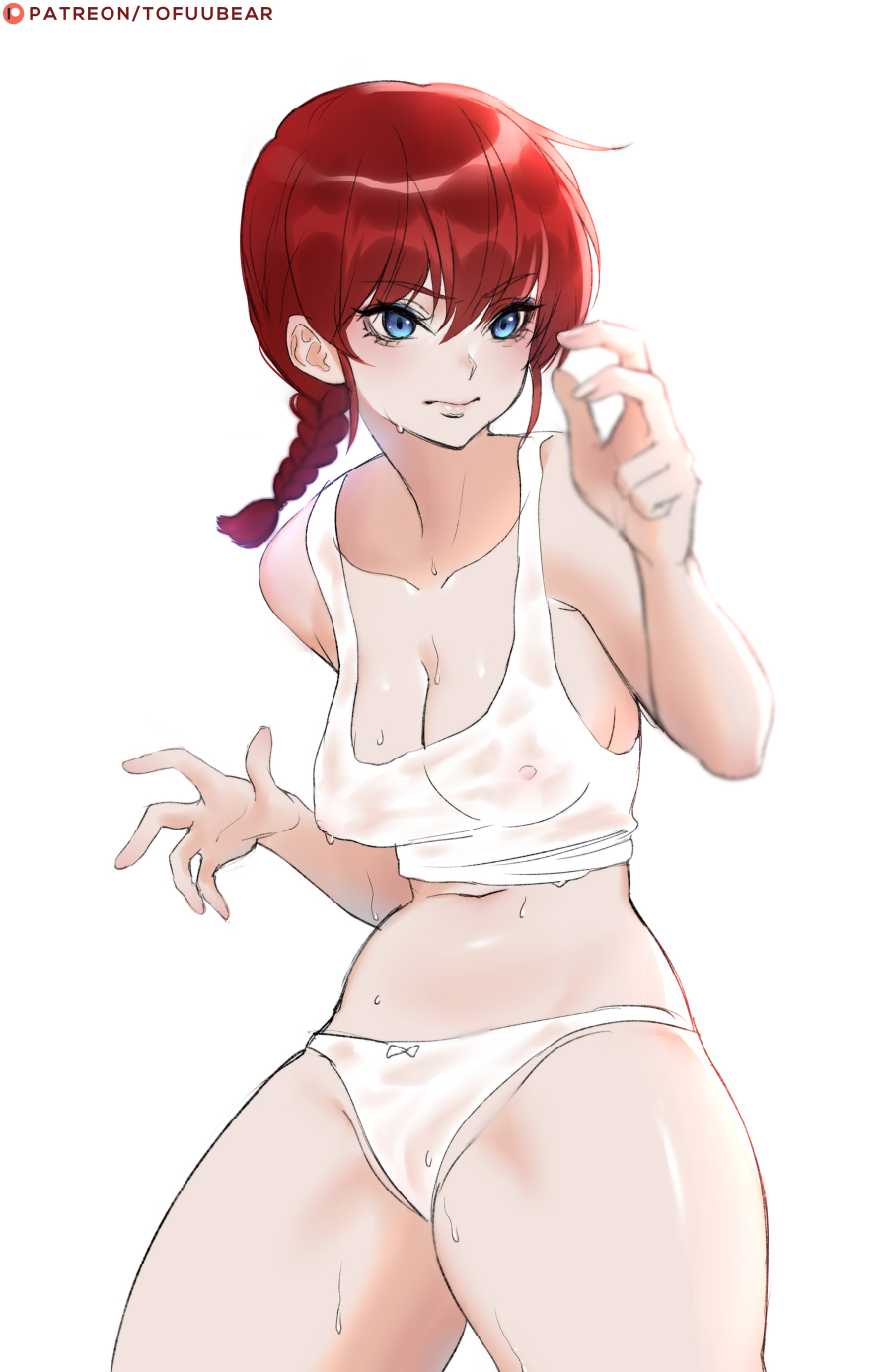 blue eyes, breasts, clothing, erect nipples, erect nipples under clothes, female, gender transformation, large breasts, nipples, panties, ranma 1/2, ranma saotome, ranma-chan, red hair, solo, thick thighs, tofuubear, transformation, visible nipples, white panties