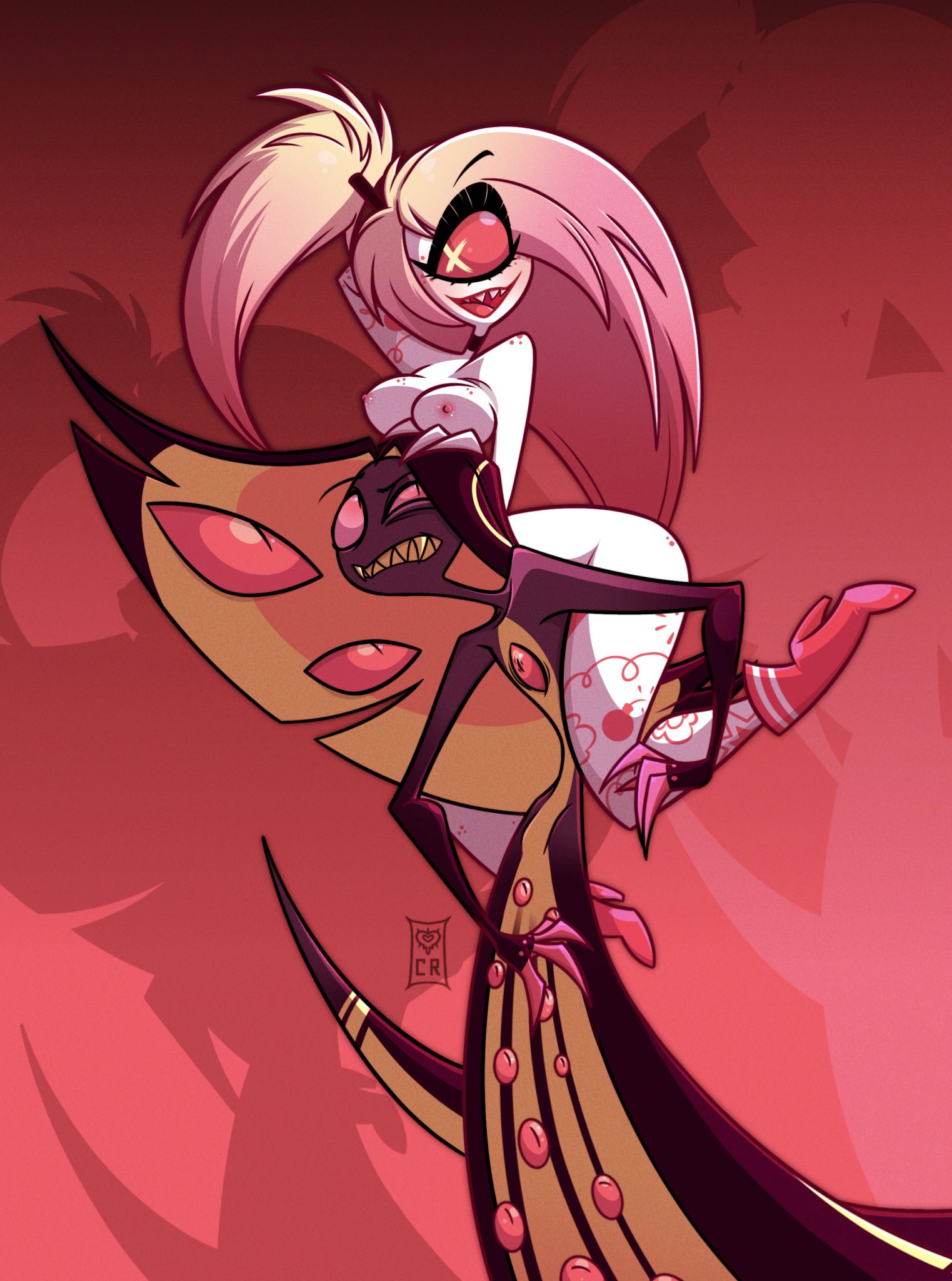1boy, 1girls, anthro, big breasts, bottom heavy, breast press, breasts, cherri bomb, cherrisnake, couple, curvaceous, curvy, cycoriot, demon, demon girl, female, hazbin hotel, hourglass figure, large breasts, male, naked, nude, pink hair, romantic, sir pentious, smooth skin, snake, tattoo, thick thighs, vivienne medrano, white skin, wholesome, wide hips
