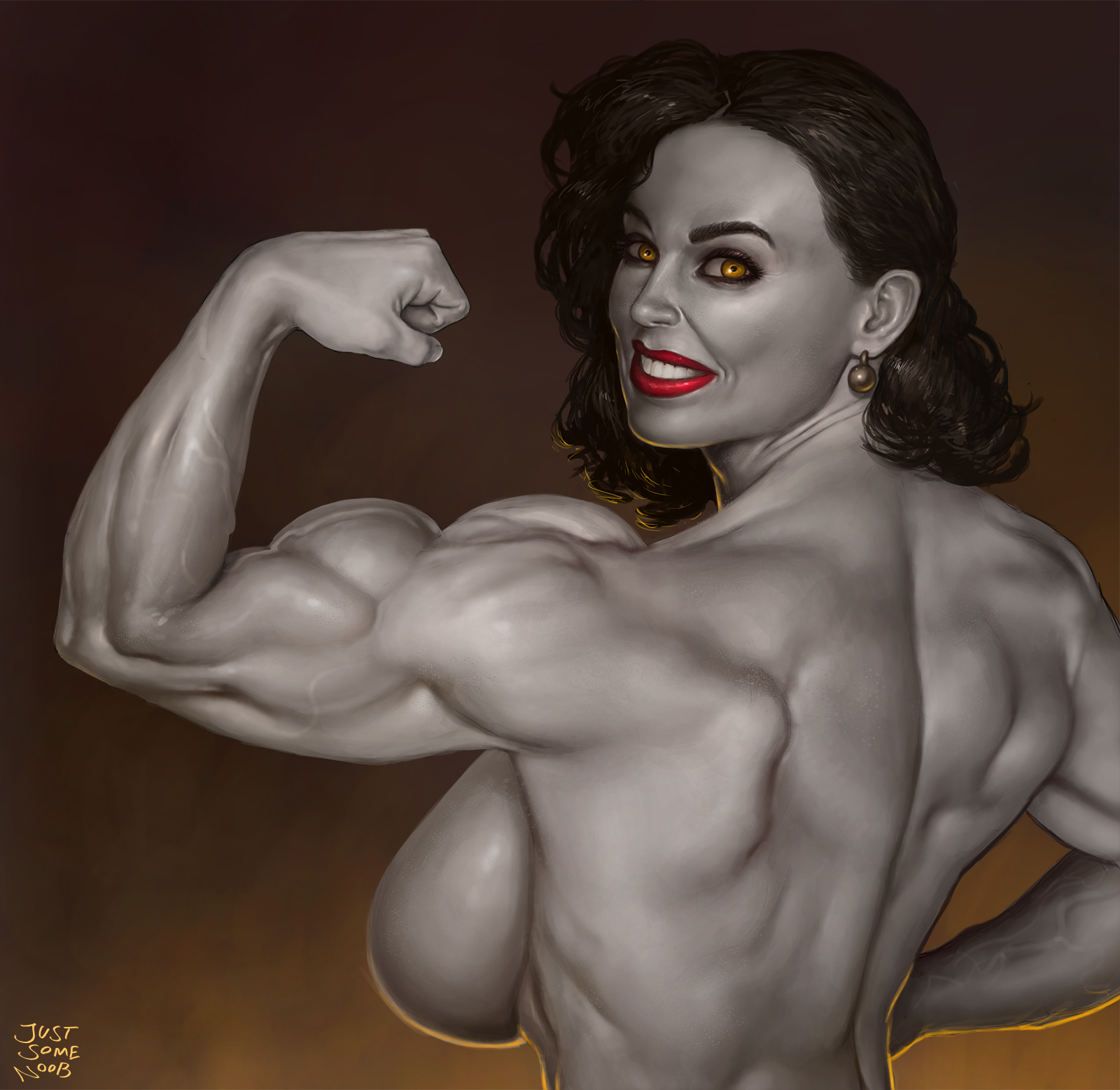 alcina dimitrescu, back, back view, backboob, biceps, big breasts, breasts, busty, dark hair, earrings, female, fit, fit female, flexing, flexing bicep, grey skin, justsomenoob, large breasts, light skin, light-skinned female, lipstick, looking at viewer, looking back, mature female, milf, muscles, muscular, muscular back, muscular female, naked, nude, pale skin, pale-skinned female, pose, posing, red lipstick, resident evil, resident evil 8: village, smile, smiling, smiling at viewer, thick, vampire, veiny muscles, yellow eyes
