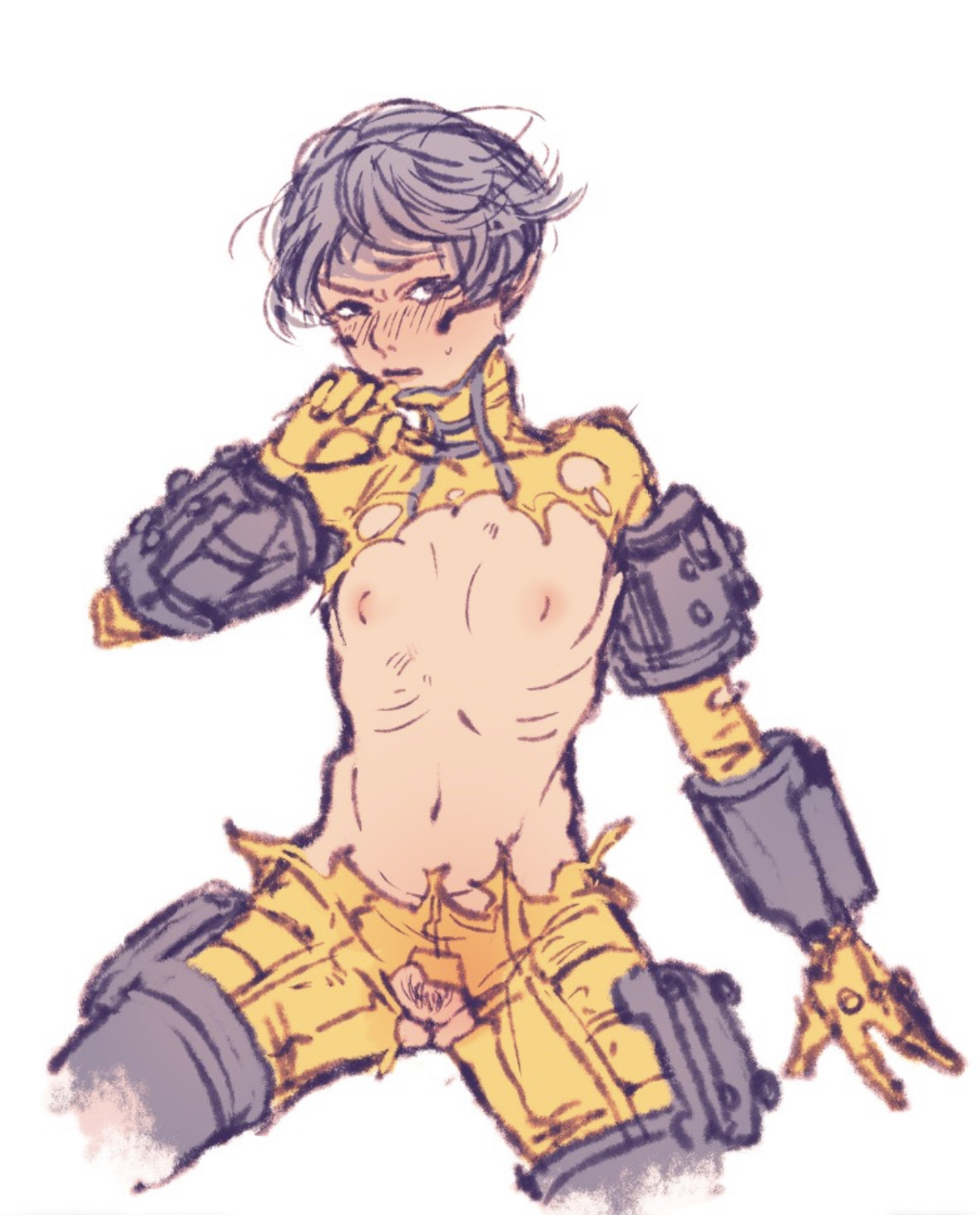 2d, apex legends, armor, blush, breasts, embarrassed, embarrassed nude female, exposed breasts, exposed pussy, female, female focus, female only, flat chest, flat chested, functionally nude, grey hair, hd mmk, japanese, no eyewear, pubic hair, pussy, ribs, ripped bodysuit, ripped clothing, ripped pants, silver hair, skinny, skinny female, small breasts, valkyrie (apex legends)