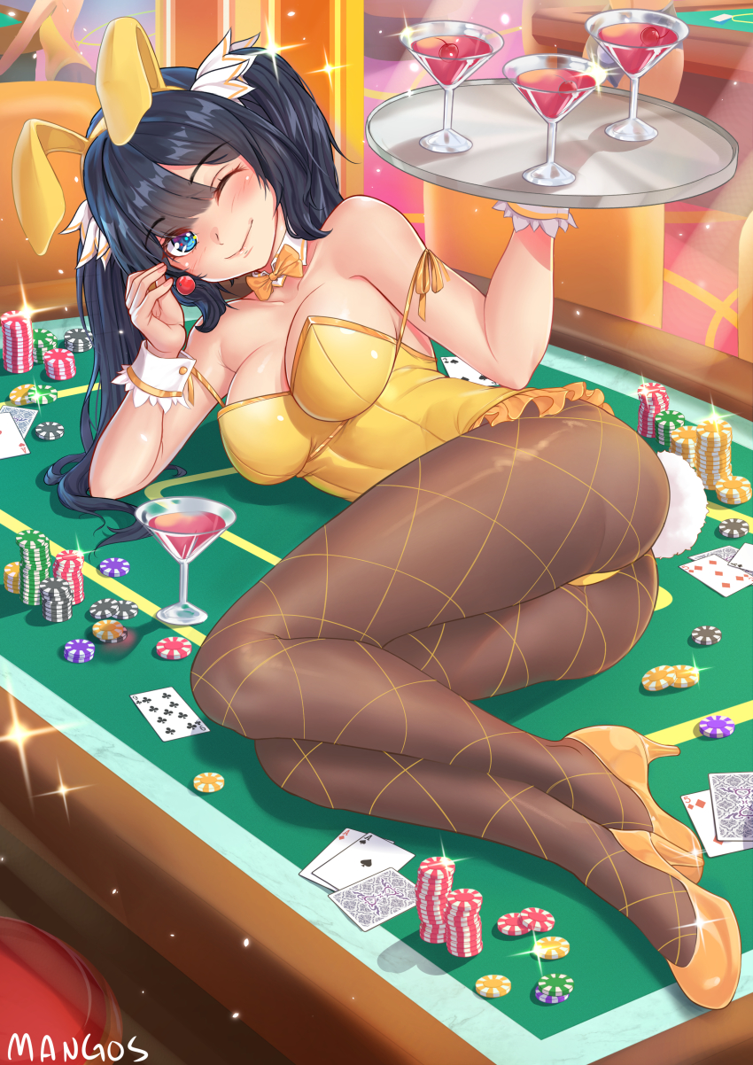 1girls, big breasts, black hair, blue eyes, breasts, bunny ears, bunnysuit, drink, drinks, dungeon ni deai wo motomeru no wa machigatteiru darou ka, female, female focus, hestia (danmachi), high heels, large breasts, long hair, looking at viewer, one eye closed, poker, poker chip, poker table, smile, smiling, suit, tray, twintails, wine, wine glass, wink