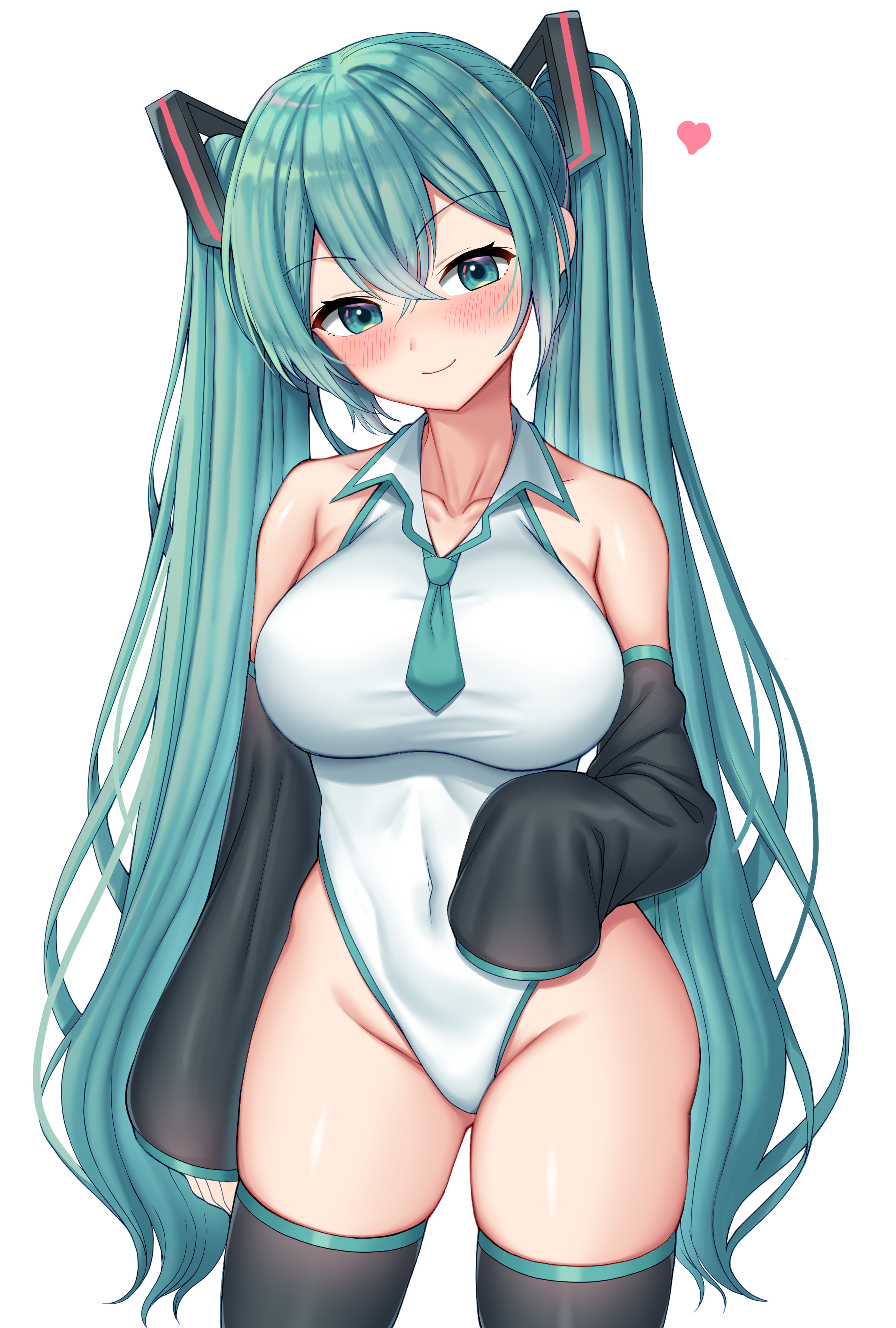 1girl, aqua eyes, aqua hair, aqua necktie, bangs, bare shoulders, black sleeves, black thighhighs, blue hair, blush, breasts, closed mouth, collarbone, covered navel, cowboy shot, crossed bangs, detached sleeves, female, green necktie, groin, hair between eyes, hair ornament, hatsune miku, head tilt, heart, highleg, highleg leotard, horny, large breasts, leotard, long hair, long sleeves, looking at viewer, necktie, simple background, skindentation, sleeves past fingers, sleeves past wrists, smile, solo, standing, thighhighs, thighs, twintails, very long hair, vocaloid, white background, white leotard