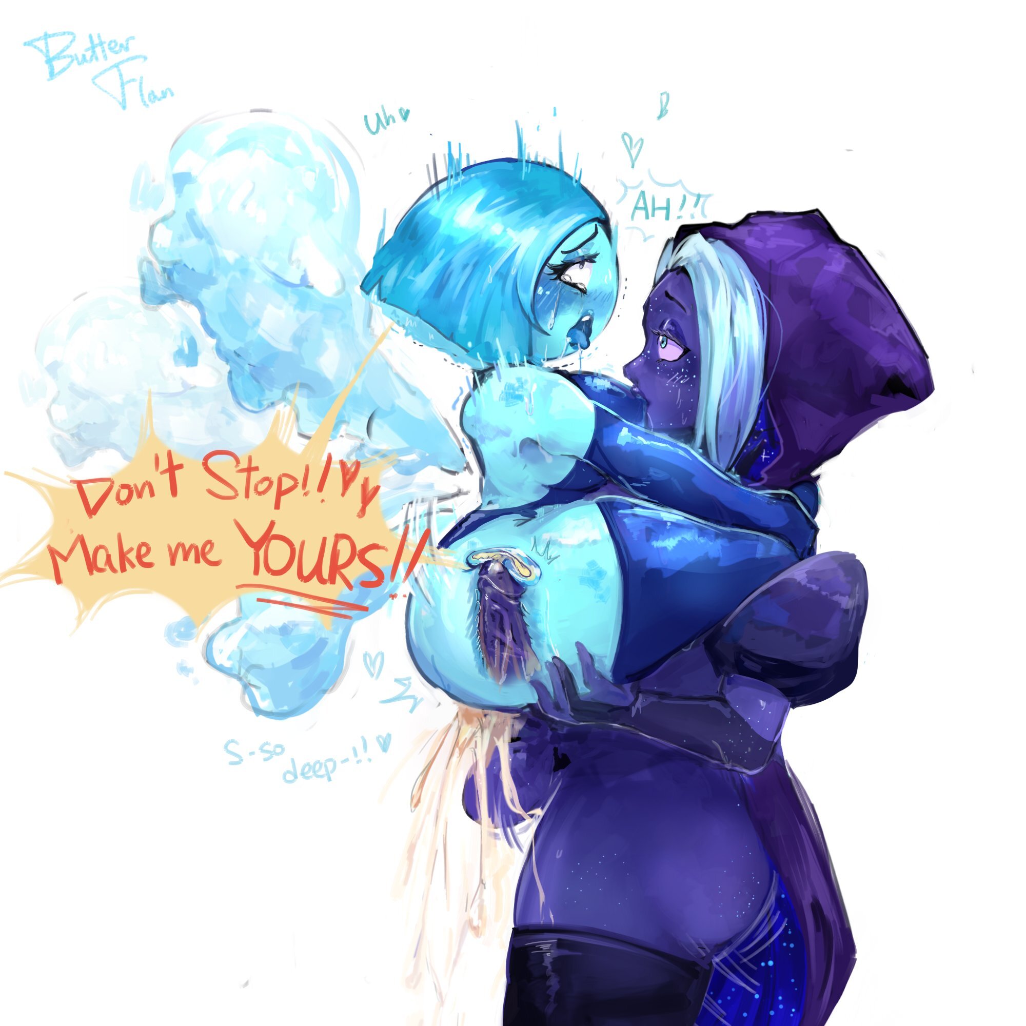 aquamarine (steven universe), blue skin, butterflan01, cape, cartoon network, cowgirl position, domination, female, freckles, gemsona, original character, steven universe, stockings, text, thick thighs