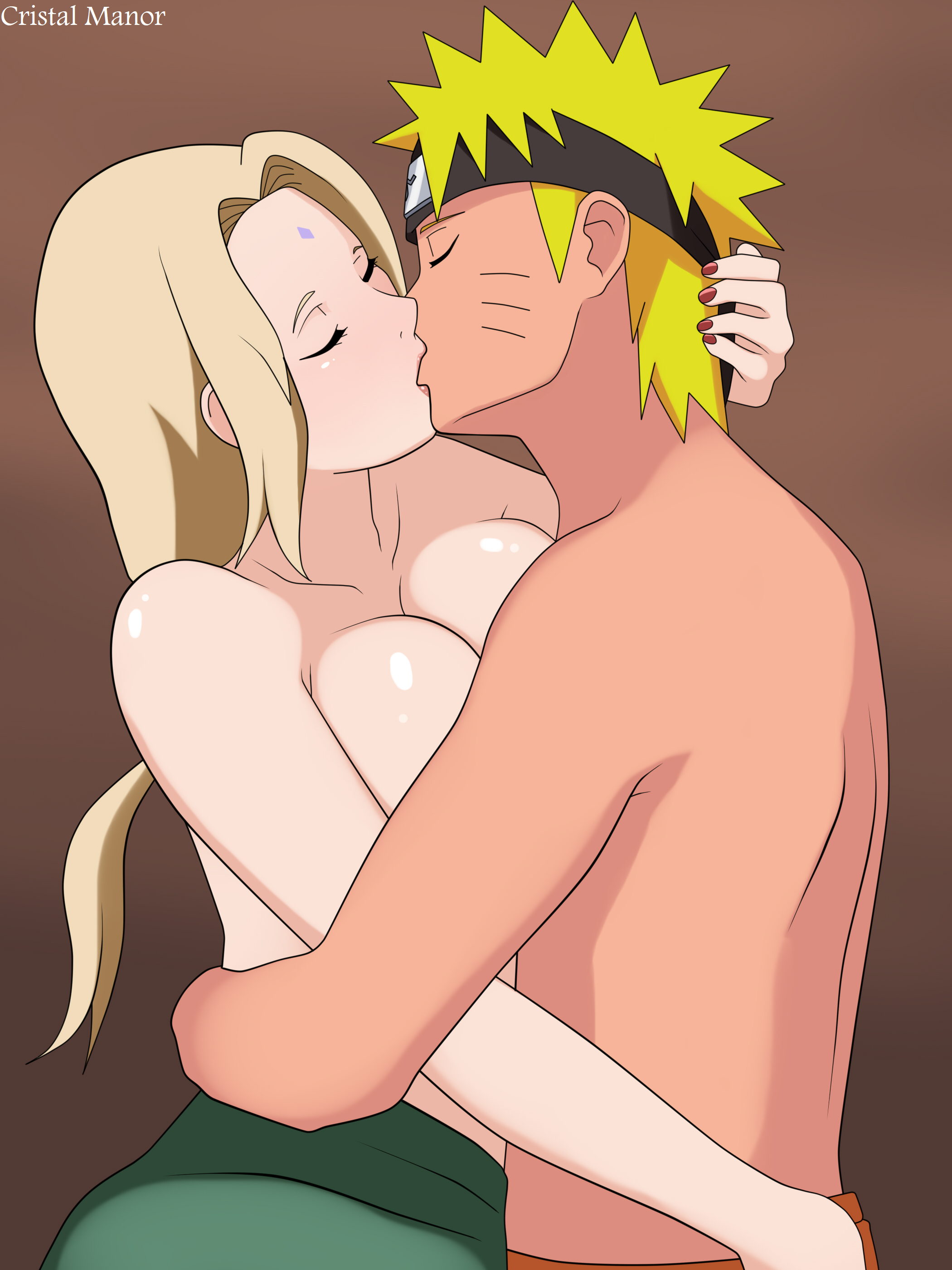 1boy, 1girls, age difference, big breasts, blonde hair, blush, breast press, breasts, closed eyes, clothing, cristalmanor, female, half-dressed, kiss, kissing, long hair, male, mature female, naruto, naruto (series), naruto shippuden, older female, romantic, shirtless, short hair, shounen jump, straight, topless, tsunade, uzumaki naruto, younger male