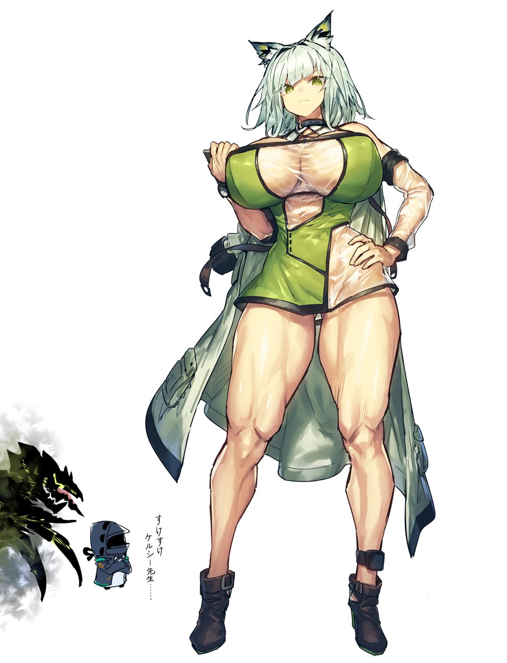1girls, animal ears, arknights, big breasts, breasts, choker, cleavage, curvy, doctor (arknights), female, female focus, green eyes, hand on hip, huge breasts, kal'tsit (arknights), kemonomimi, looking at viewer, melon22, muscular, muscular female, muscular thighs, see-through clothing, short hair, silver hair, thick thighs, thighs, thunder thighs, wide hips