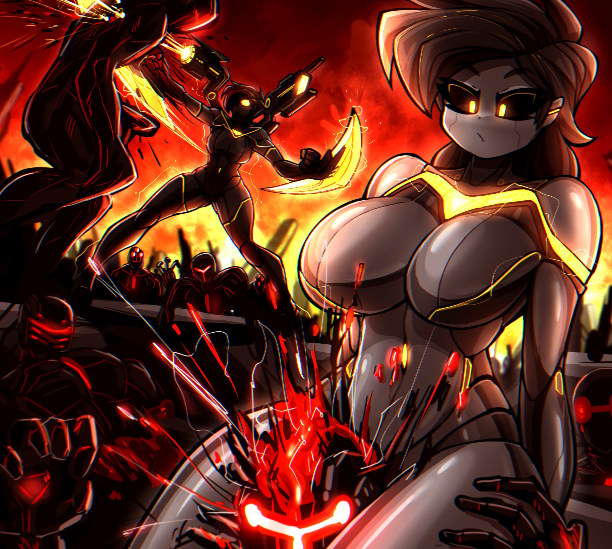 1girls, brown hair, cyborg, female, female focus, female only, head between thighs, kyurby (zzzhodazzz), robot, thigh, yellow eyes, zzzhodazzz
