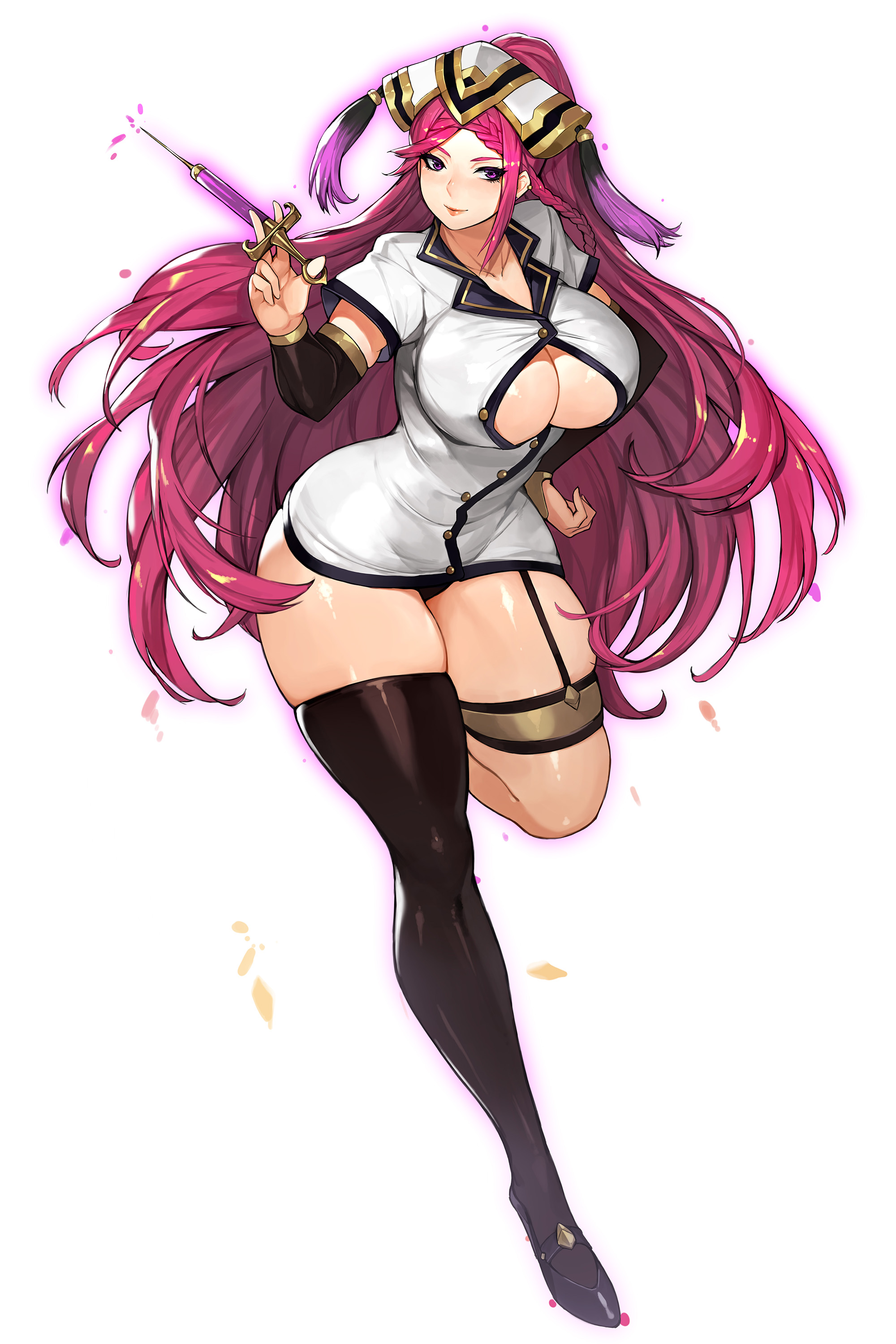 1girls, absurdres, alternate costume, bare thighs, big breasts, black footwear, black panties, braid, breasts, buttons, cleavage, closed mouth, collarbone, commentary, curvy, dress, female, fire emblem, fire emblem heroes, full body, garter straps, gurimjang, hand on hip, hat, highres, holding, hourglass figure, large breasts, leg up, lips, loki (fire emblem), long hair, looking at viewer, nintendo, nurse, panties, pantyshot, purple eyes, purple hair, shiny, shiny hair, shiny skin, short dress, short sleeves, sideboob, simple background, single thighhigh, smile, solo, solo female, syringe, thick thighs, thighhighs, thighs, thin waist, tied hair, underwear, very long hair, white background, wide hips
