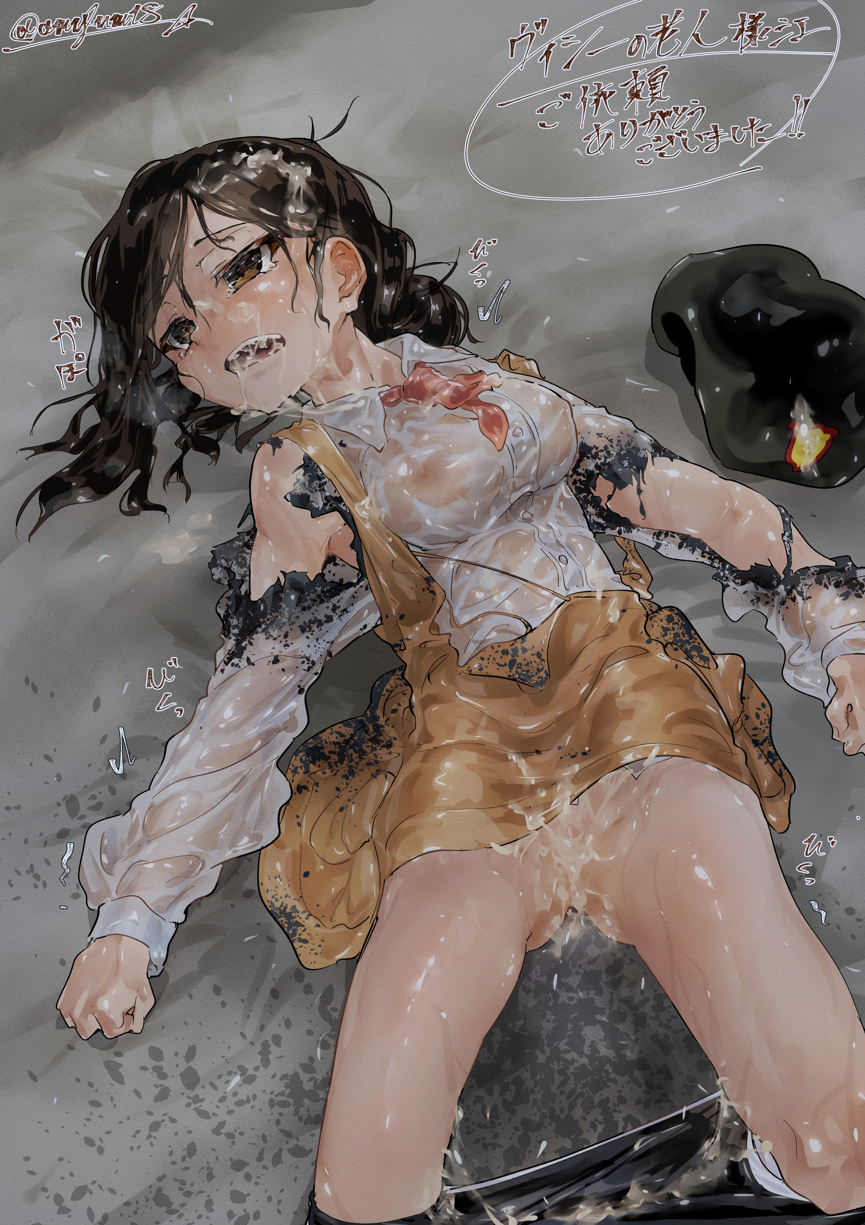 1girls, after sex, after vaginal, amylum, broken rape victim, bukkake, clenched hands, cum in mouth, cum in pussy, cum on body, cum on clothes, cum on face, cum on hair, cum on upper body, defeated, female, female only, fucked silly, japanese text, mind break, open mouth, pussy, rape, see-through clothing, solo, tears, translation request, wet clothes