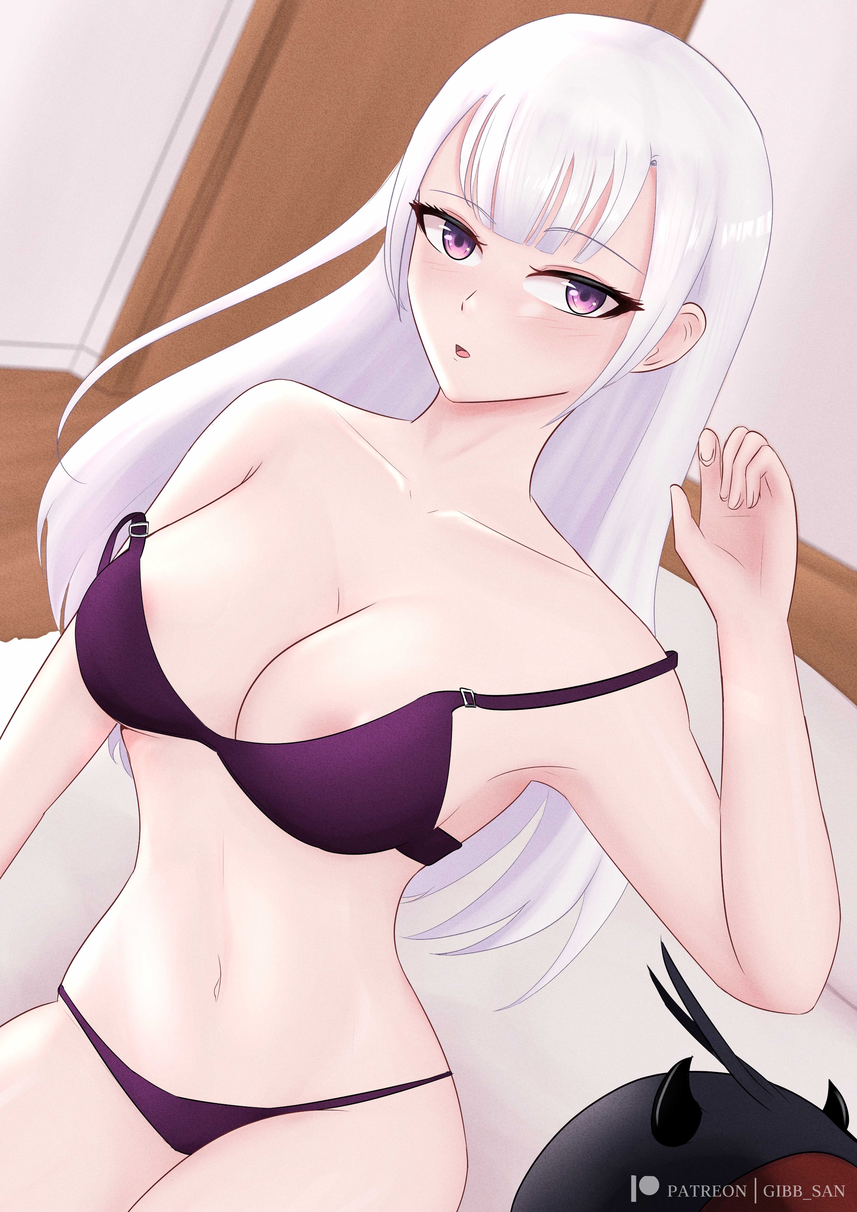 1girls, areolae, bed sheet, bedroom, black clover, bra, breasts, female, gibb san, hair down, light skin, light-skinned female, lingerie, long hair, looking at viewer, medium breasts, nipple slip, noelle silva, panties, plushie, purple eyes, seductive eyes, white hair
