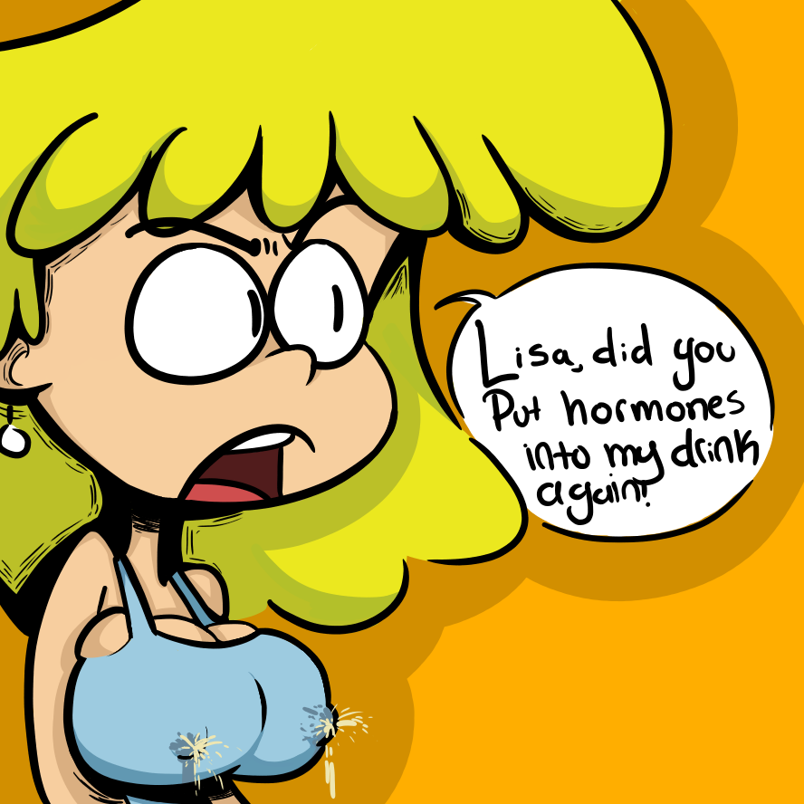 1girls big_breasts blonde_hair bootlegjones breast_expansion breasts cleavage dialogue female female_only huge_breasts lactating lactation lactation_through_clothes large_breasts leaking_milk lori_loud milk open_mouth shirt solo speech_bubble tank_top text the_loud_house transformation