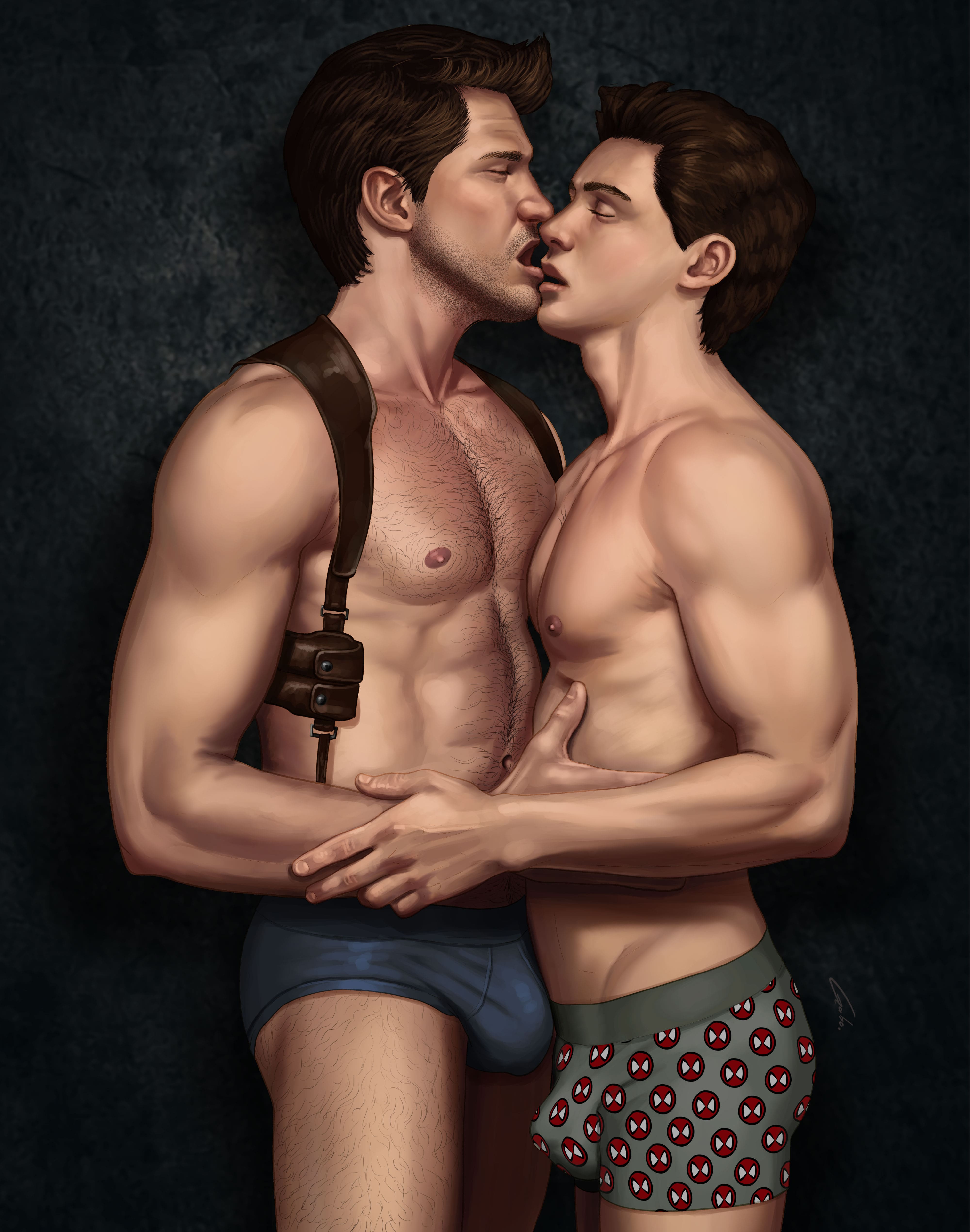 2boys, brown hair, bulge, closed eyes, dark hair, gabo artist, gay, hairy chest, kissing, male, male only, marvel, marvel comics, muscular, nathan drake, open mouth, partially clothed, peter parker, smooth skin, spider-man, spider-man (series), superhero, uncharted, underwear, yaoi