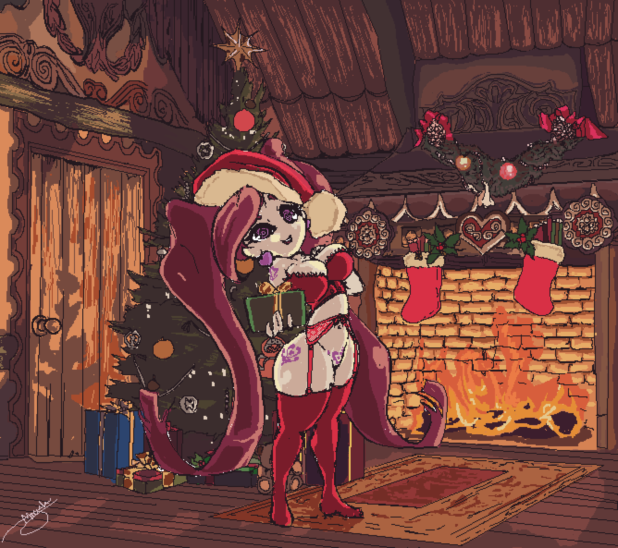 2d aiba_manami bra christmas_headwear christmas_outfit christmas_tree earrings fire fireplace garter_belt garter_straps heart heart_tattoo la_brava_(my_hero_academia) lingerie log_cabin miyatakun my_hero_academia pixel_art red_hair shortstack smile smiling smiling_at_viewer tattoo thick_thighs twintails