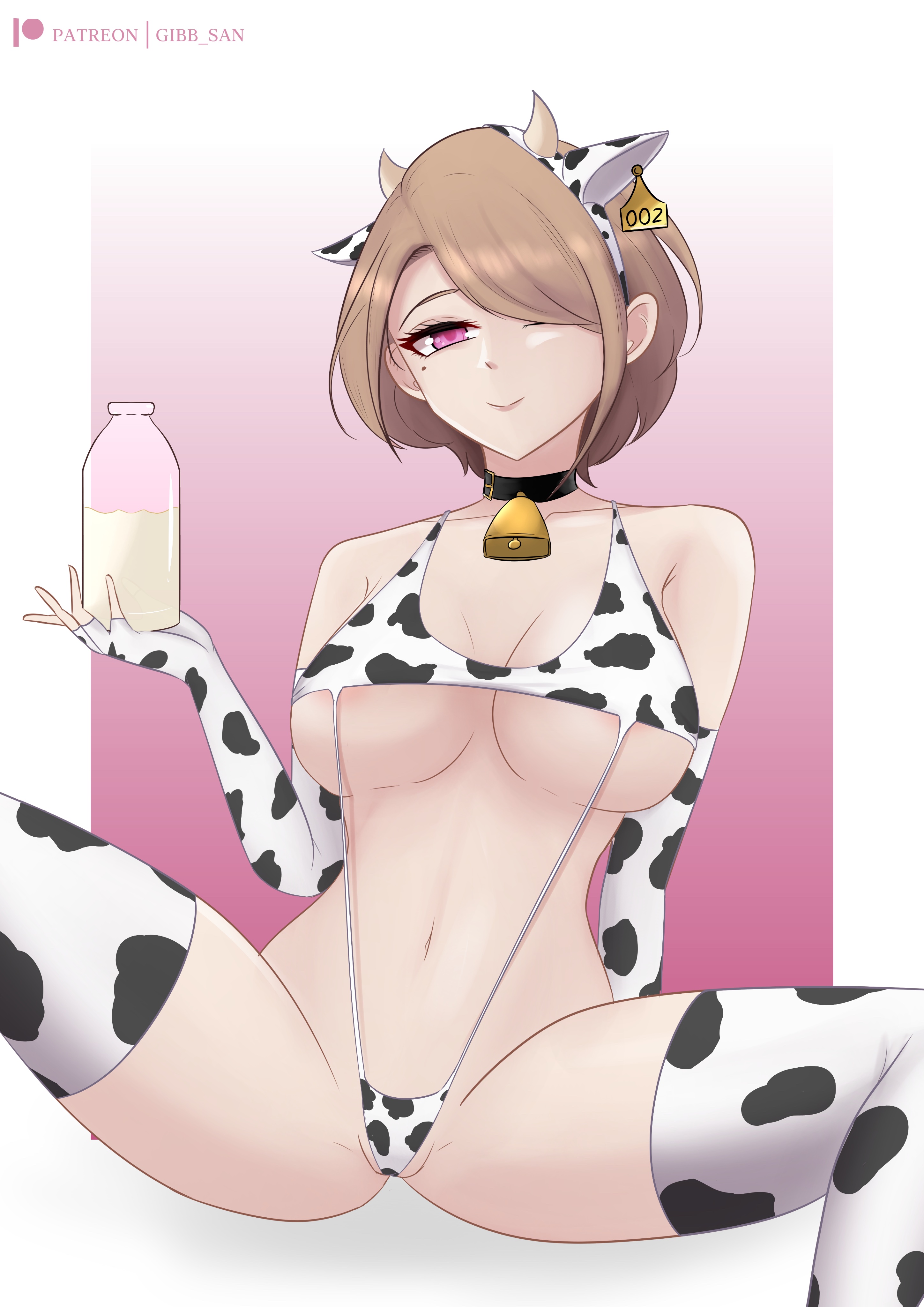 1girls, big breasts, breasts, brown hair, choker, cow ears, cow girl, cowbell, female, fingerless gloves, gibb san, honkai (series), honkai impact, honkai impact 3rd, light skin, light-skinned female, lingerie, looking at viewer, milk, milk bottle, mole, pink eyes, rita rossweisse, seductive, seductive eyes, seductive smile, smile, smiling at viewer, thick thighs, thighhighs, thighs