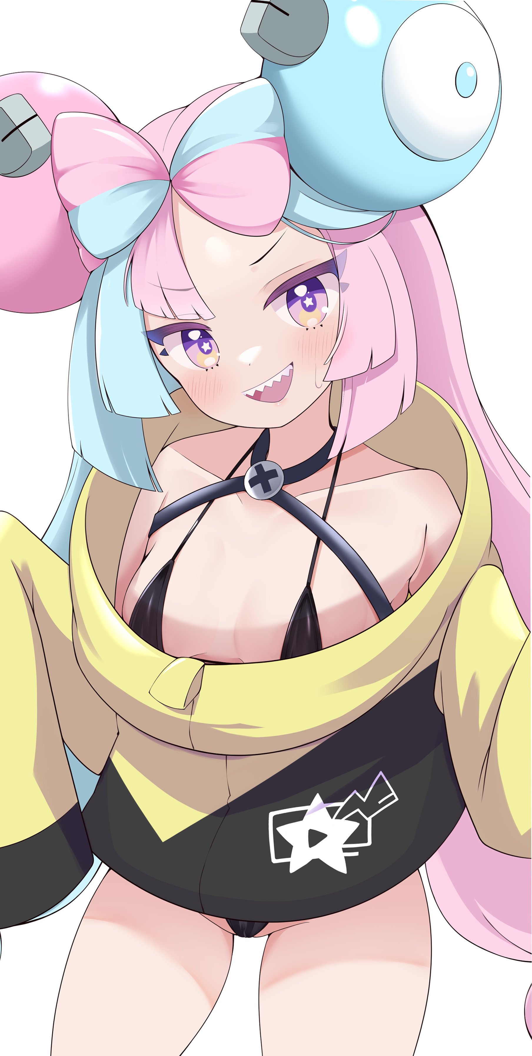 1girls, bikini top, blue hair, breasts, choker, cocozasa, female, iono (pokemon), jacket, light skin, light-skinned female, long hair, long sleeves, medium breasts, nintendo, pink eyes, pink hair, pointy teeth, pokemon, pokemon sv, smile, solo, solo female, thighs, twintails, two-tone hair