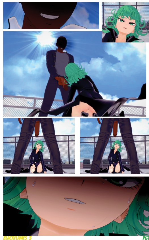1boy, 1girls, 3d, balls, big balls, big penis, blackflames3, blush, dark skin, dark-skinned male, digital media (artwork), female, green eyes, green hair, hi res, interracial, light skin, light-skinned female, male, one-punch man, penis, straight, tatsumaki