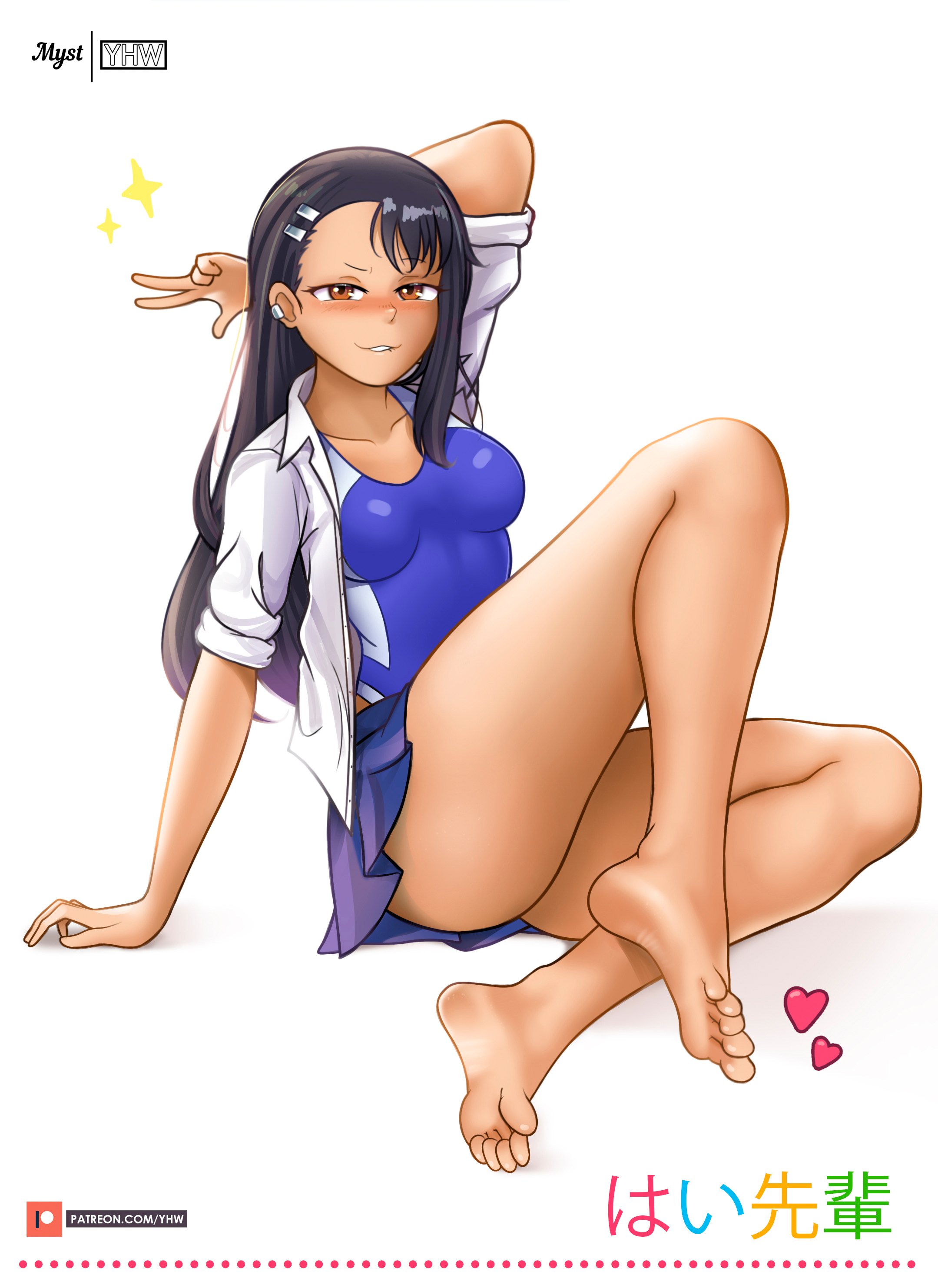 1girls, barefoot, biting lip, black hair, blush, breasts, brown eyes, feet, female, female focus, female only, hayase nagatoro, hi res, long hair, looking at viewer, medium breasts, myst, navel, one-piece swimsuit, please don't bully me, nagatoro, pose, school uniform, schoolgirl, simple background, sitting, smile, solo, swimsuit, tanned, watermark, wide hips, yhw