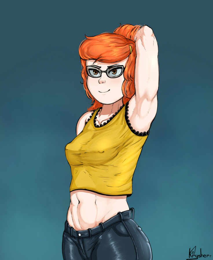 1girls armpits breasts cartoon_network character_request clothed clothed_female clothing crop_top erect_nipples female female_only hbo_max infinity_train jeans krysher midriff nipple_bulge nipples raised_arm smile solo tulip_olsen