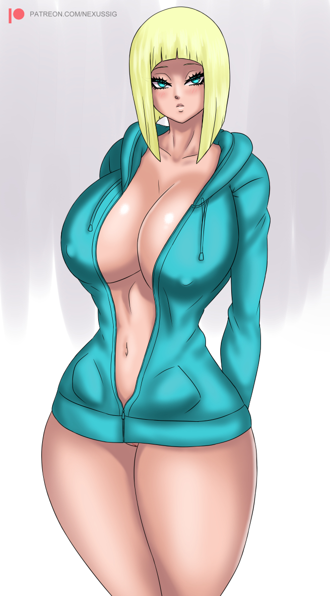 1girls arms_behind_back big_breasts blue_eyes blunt_bangs blush bob_cut breasts busty cleavage clothing curvaceous curvy erect_nipples eyelashes female female_only functionally_nude hoodie hourglass_figure huge_breasts large_breasts long_hair looking_at_viewer mature mature_female naked_jacket naruto naruto_(series) naruto_shippuden navel nexus-sig nipples no_underwear pussy samui solo solo_female solo_focus thick_thighs unzipped vagina wide_hips