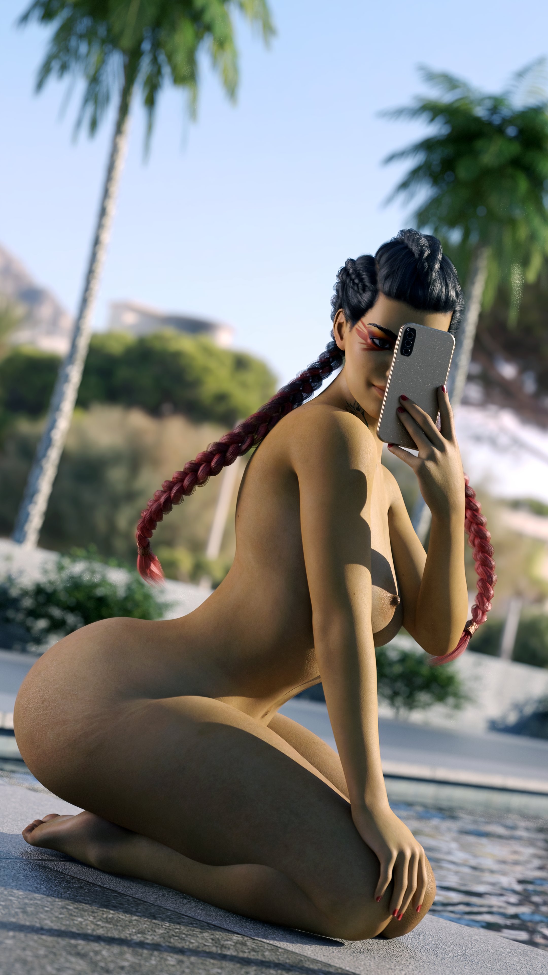 1girls, 3d, apex legends, areolae, ass, big ass, black hair, braided hair, braided twintails, breasts, cellphone, dark skin, dark-skinned female, erect nipples, female, female only, huge ass, kneeling, latina, loba (apex legends), makeup, nipples, nude, nude female, poolside, red hair, selfie, smile, solo, steps3d, thick thighs, two-tone hair, wide hips