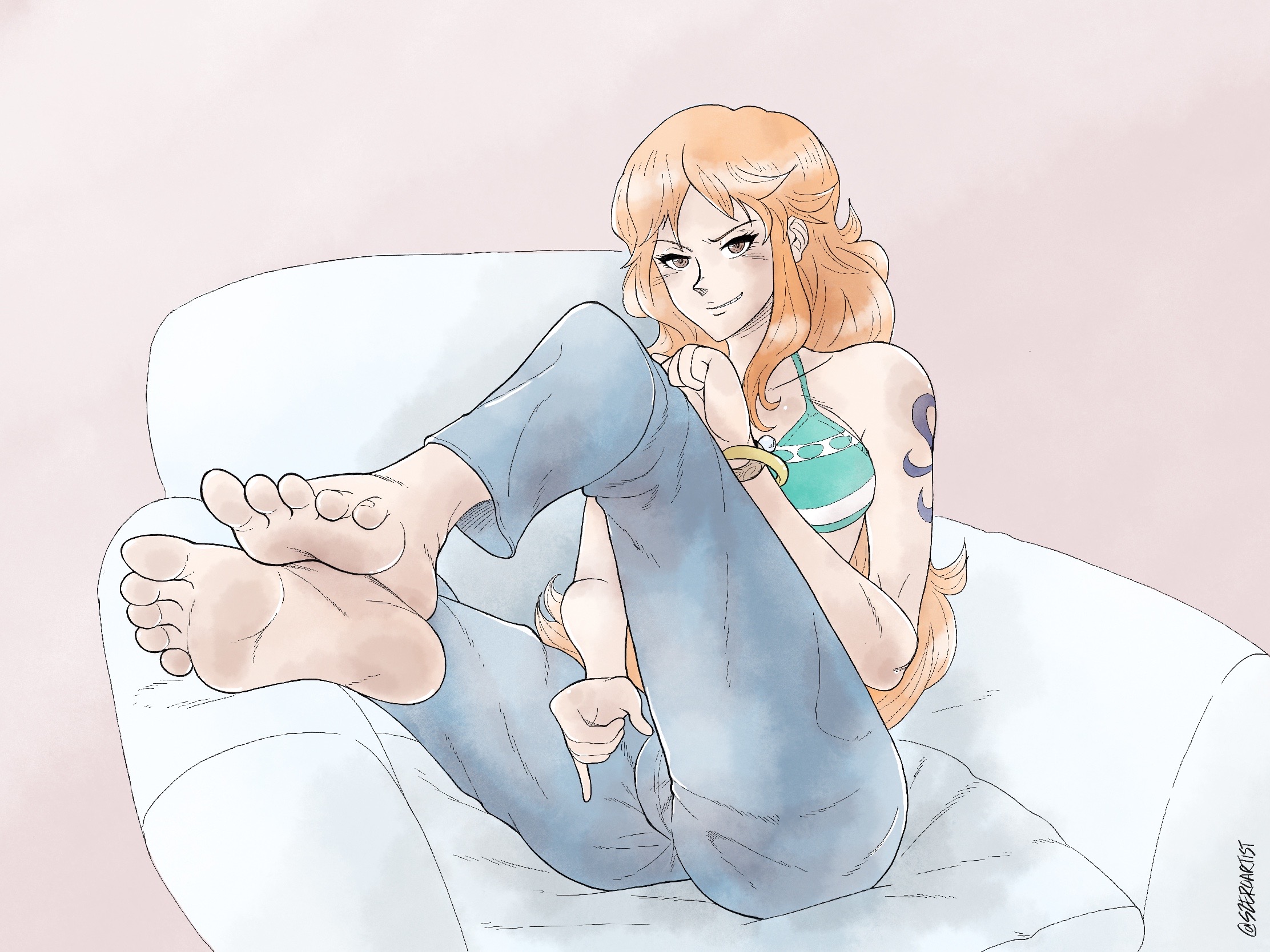 1girls, ass, big breasts, bikini, bra, breasts, feet, feet together, feet up, female, female only, jeans, long hair, nami (one piece), one piece, orange hair, shounen jump, soles, striped bikini, szeroart, tagme
