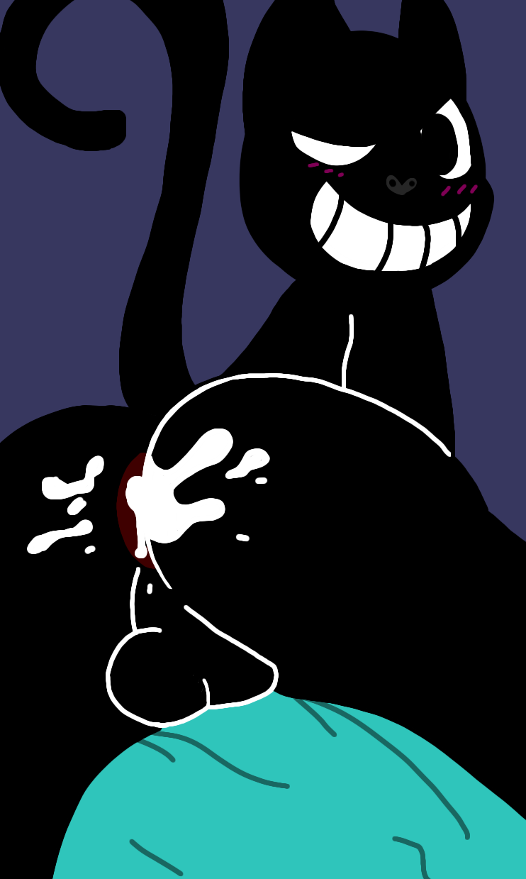 1boy anal_sex asshole backsack bedroom big_eyes big_smile black_eyes black_fur black_nose blue_sheets blush cartoon_cat cat_ears cat_humanoid cat_tail cum_in_ass huge_balls looking_back riskaver_(artist) trevor_henderson winking