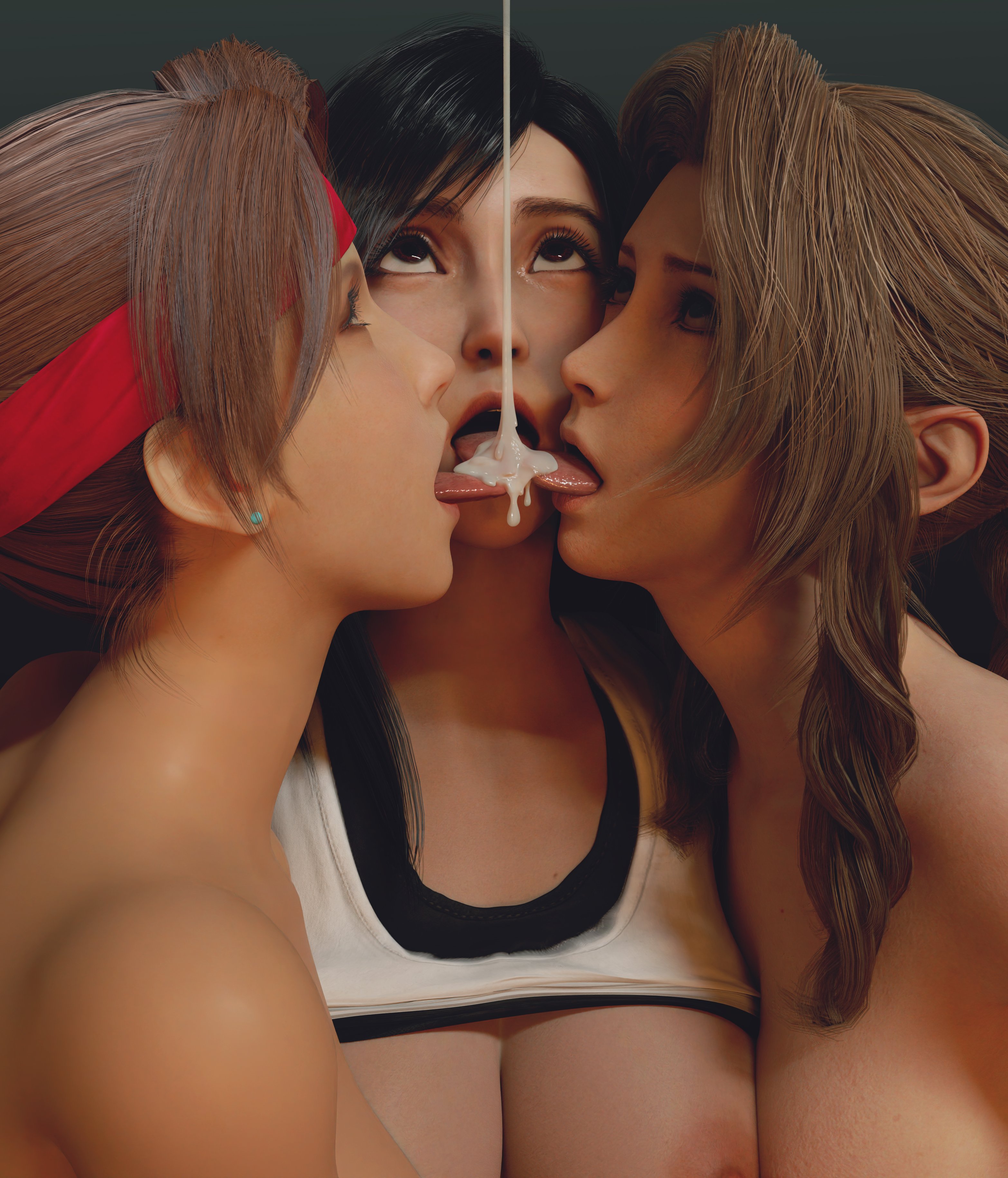 3d, 3d (artwork), 3girls, aerith gainsborough, batesz, big breasts, black hair, blender, breasts, brown hair, cum, cum in mouth, cum sharing, cute, female, final fantasy, final fantasy vii, final fantasy vii remake, foursome, jessie rasberry, looking at partner, naughty face, offscreen character, pink nipples, red eyes, square enix, tifa lockhart