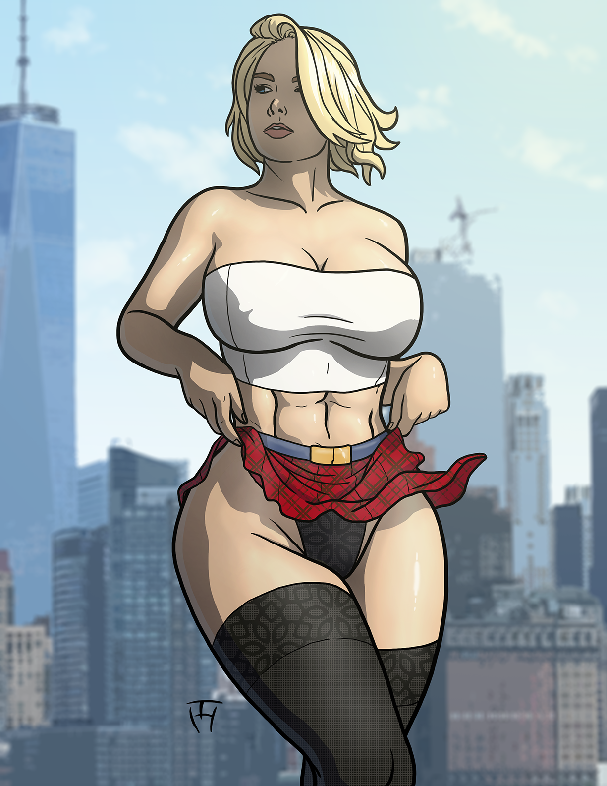 abs, big breasts, black thong, blonde hair, breasts, busty, cleavage, dc, dc comics, female, female focus, female only, hourglass figure, kara zor-l, karen starr, large breasts, lingerie, miniskirt, new york city, new york state, one world trade center, panties, photo (medium), pinup, power girl, short hair, signature, skimpy, skimpy clothes, skirt, skirt lift, standing, stockings, superman (series), tagme, taynor hook, text, thong, toned, toned female, tubetop, united states of america, upskirt, wide hips