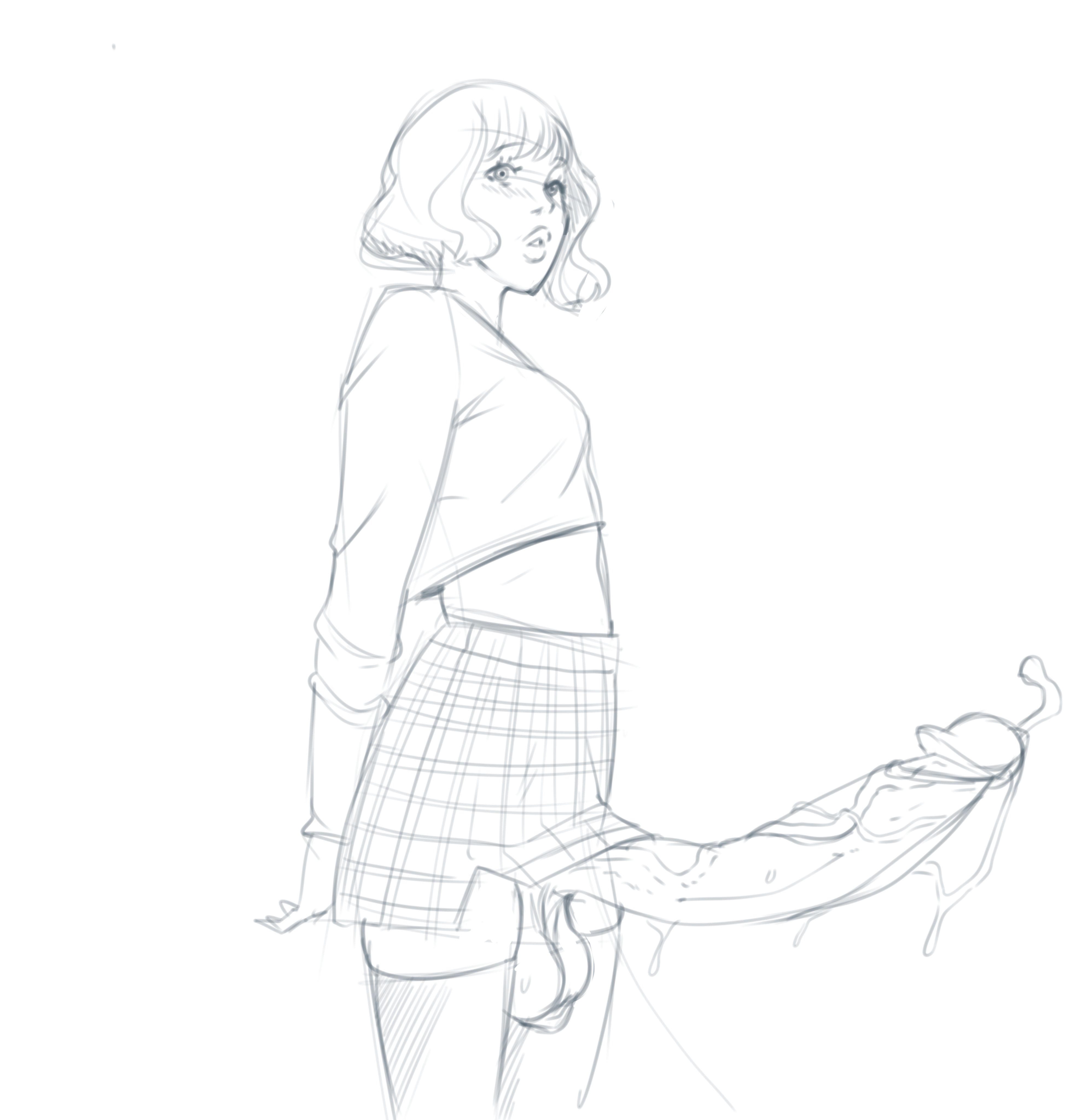1futa, balls, big balls, clothed, clothing, dickgirl, erect nipples under clothes, erection, erection under skirt, futa only, futanari, huge cock, intersex, large penis, long penis, midriff, monochrome, mostly clothed, nobro, penis, precum, shirt, side view, skirt, solo, standing, thighhighs