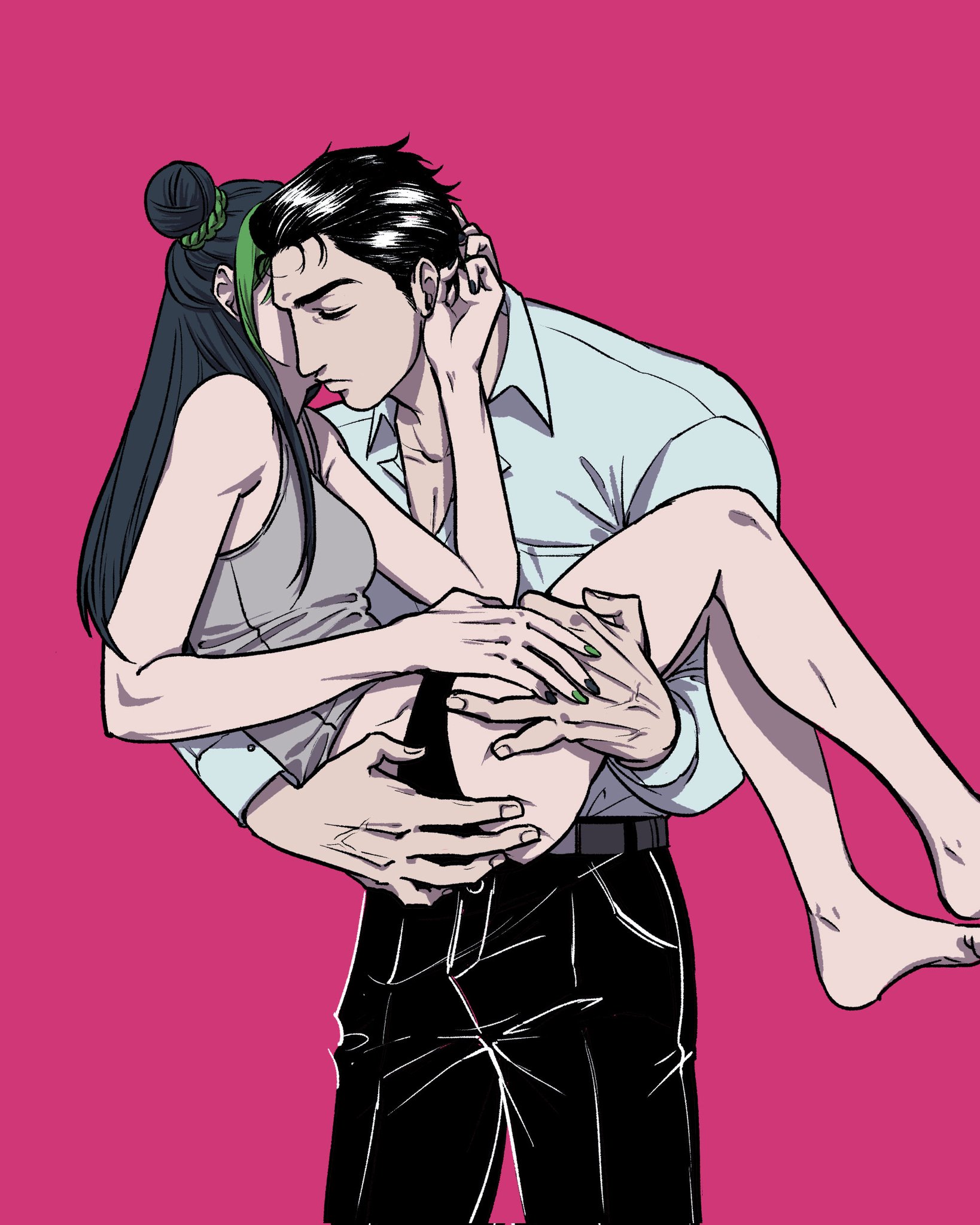 1boy, 1girls, age difference, bare shoulders, barefoot, black hair, black panties, clothed male, daughter, dilf, double bun, father, father and daughter, female, green hair, incest, jojo's bizarre adventure, jolyne kujo, jotaro kujo, long hair, male, stone ocean, two-tone hair, underwear