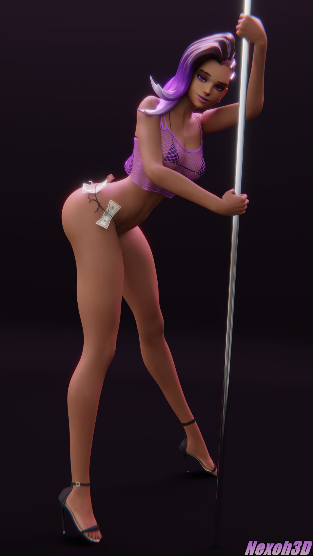 1girls, 3d, 3d (artwork), ass, asymmetrical hair, bikini, black background, blizzard entertainment, breasts, dark skin, dark-skinned female, female, female only, fishnet shirt, full body, half-closed eyes, heels, huge ass, huge butt, latina, legs, lipstick, long legs, micro bikini, mole, money, money in thong, nexoh3d, overwatch, pole, pole dancing, purple eyes, purple hair, shaved side, side shave, skimpy, skimpy clothes, smile, solo, sombra, stripper, stripper pole, thick ass, thick thighs, thighs, thong, video games