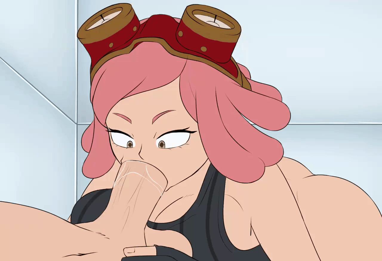 1boy, 1girls, animated, ass, bare shoulders, bent over, big ass, big breasts, big penis, blowjob, bottomless, breasts, busty, cleavage, deepthroat, dreadlocks, erection, eyelashes, eyewear on head, faceless male, fat ass, fellatio, female, female focus, fingerless gloves, fluids, gloves, goggles, goggles on head, half-closed eyes, light skin, light-skinned female, light-skinned male, long hair, lying on back, lying on person, male, male with female, male/female, mei hatsume, my hero academia, no underwear, oral, oral penetration, oral sex, parted bangs, penis, penis in mouth, pink hair, pink-haired female, saliva, scrabble007, sex, shounen jump, sleeveless, tank top, unusual anatomy, unusual eyes, unusual pupils, wet, wet penis, wide eyed, yellow eyes