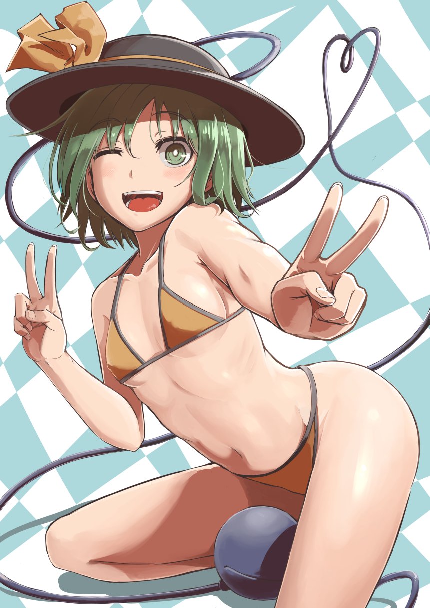 1girls baketsuya erect_nipples flat_chest koishi_komeiji micro_bikini peace_sign small_breasts smile tagme touhou