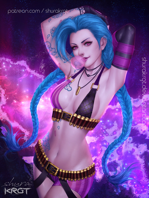 1girls, blue hair, breasts, clothed, female, jinx (league of legends), league of legends, pink eyes, shurakrgt, skimpy, small breasts, solo