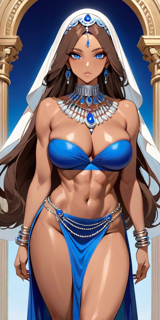 abs ai_generated belly belly_button black_hair blue_clothing blue_eyes breasts clothed clothed_female clothing collar dark-skinned_female dark_skin defined_muscles earrings eyeliner eyeshadow forehead_jewel gem jewelry lia_the_busty_redhead loincloth long_hair looking_at_viewer makeup mature_female midriff muscles muscular muscular_female no_panties original original_character pelvic_curtain pelvic_line sapphire_(gem) self_upload silver_jewelry six_pack squish strapless strapless_bra tagme tanned tanned_female tanned_skin thighs tubetop veil wristband