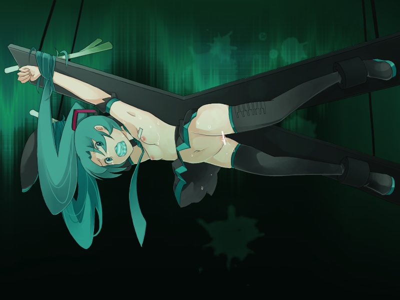 aqua_eyes aqua_hair bondage censored cross gag gagged hatsune_miku long_hair necktie nipples nude panty_gag spring_onion suspension thighhighs tied_hair twintails very_long_hair vocaloid