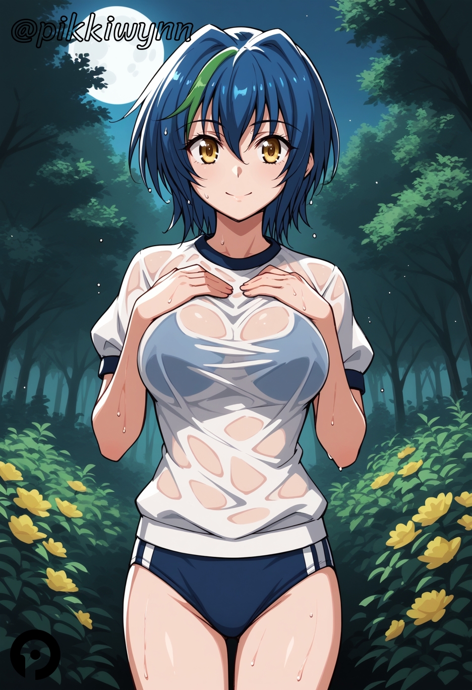 ai_generated bangs blue_buruma blue_hair breasts buruma closed_mouth cowboy_shot female flower green_hair gym_shirt gym_uniform hair_between_eyes hands_on_own_chest high_school_dxd large_breasts looking_at_viewer multicolored_hair night outdoors pikkiwynn see-through shirt short_hair short_sleeves sky smile solo streaked_hair thighs tree two-tone_hair wet wet_clothes wet_shirt white_shirt xenovia_quarta yellow_eyes yellow_flower