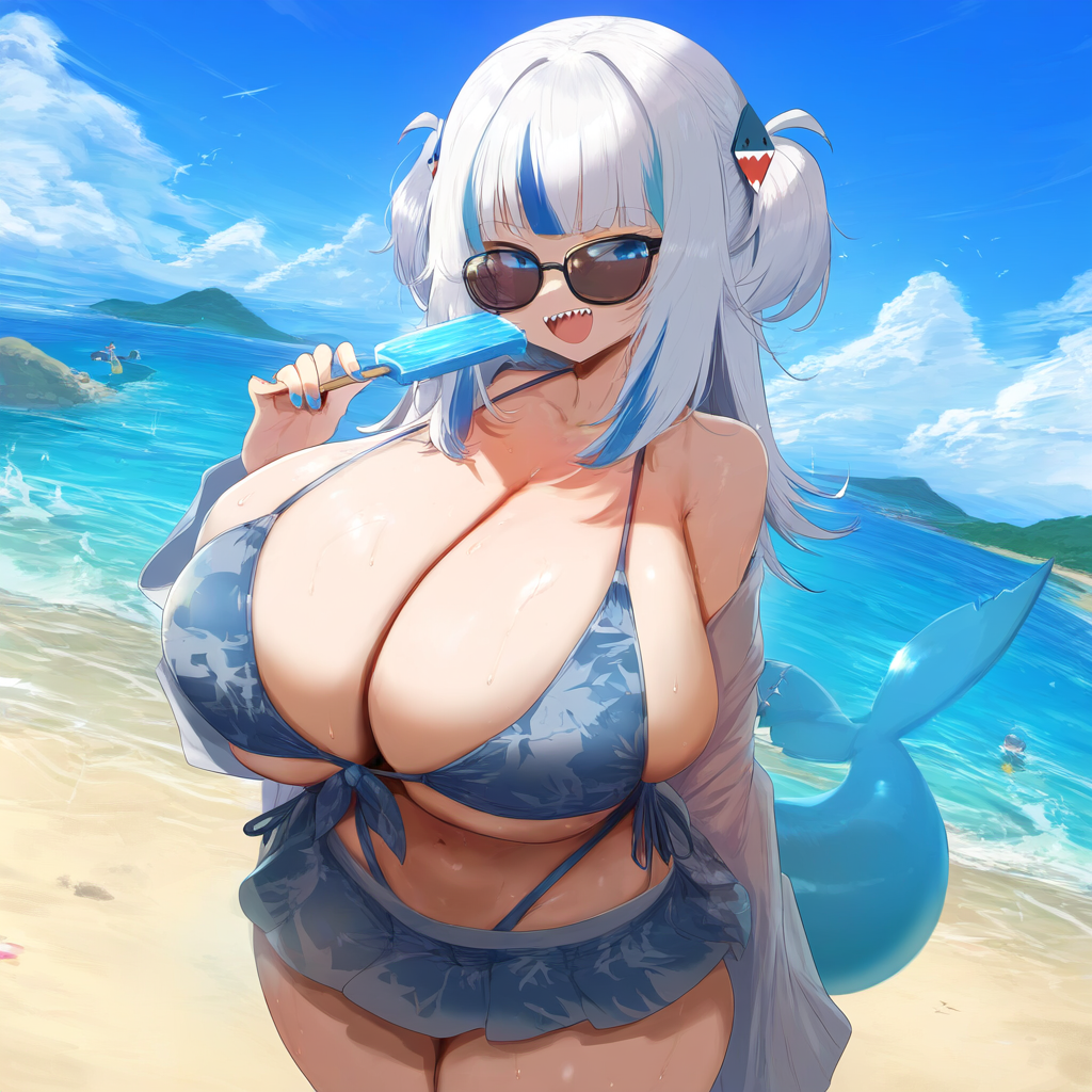 ai_generated alternate_breast_size ameanon beach big_breasts bikini bikini_skirt blue_bikini breasts cleavage gawr_gura hololive hololive_english hololive_myth huge_breasts large_breasts popsicle shark_girl shark_tail sharp_teeth sideboob sunglasses thick_thighs underboob virtual_youtuber vtuber