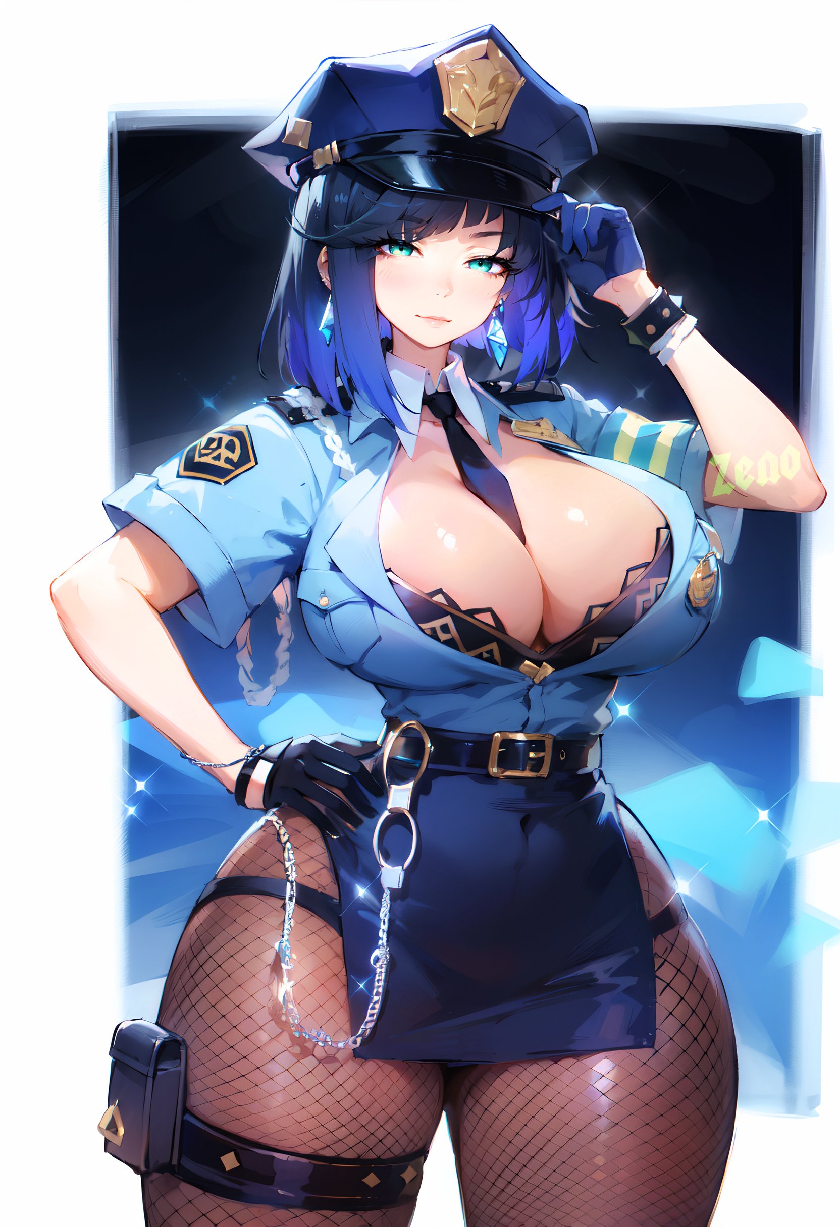 1girls, ai generated, blue hair, breasts, cleavage, female, fishnets, genshin impact, green eyes, hips, huge breasts, large breasts, light skin, light-skinned female, police, police uniform, policewoman, short hair, stable diffusion, thick thighs, thighs, wide hips, yelan (genshin impact)