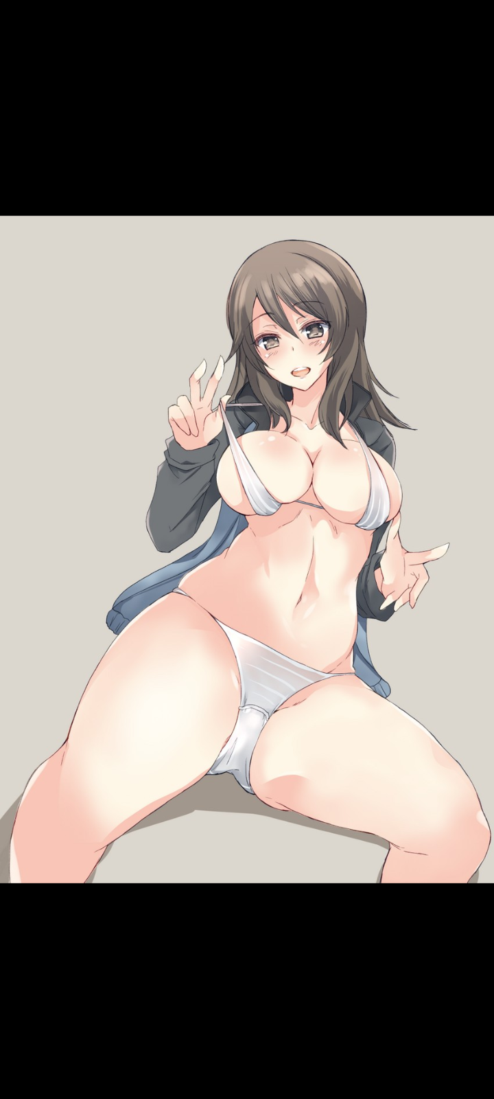 anime_girl army_uniform brown_hair mika_(girls_und_panzer) undressing white_bra white_panties