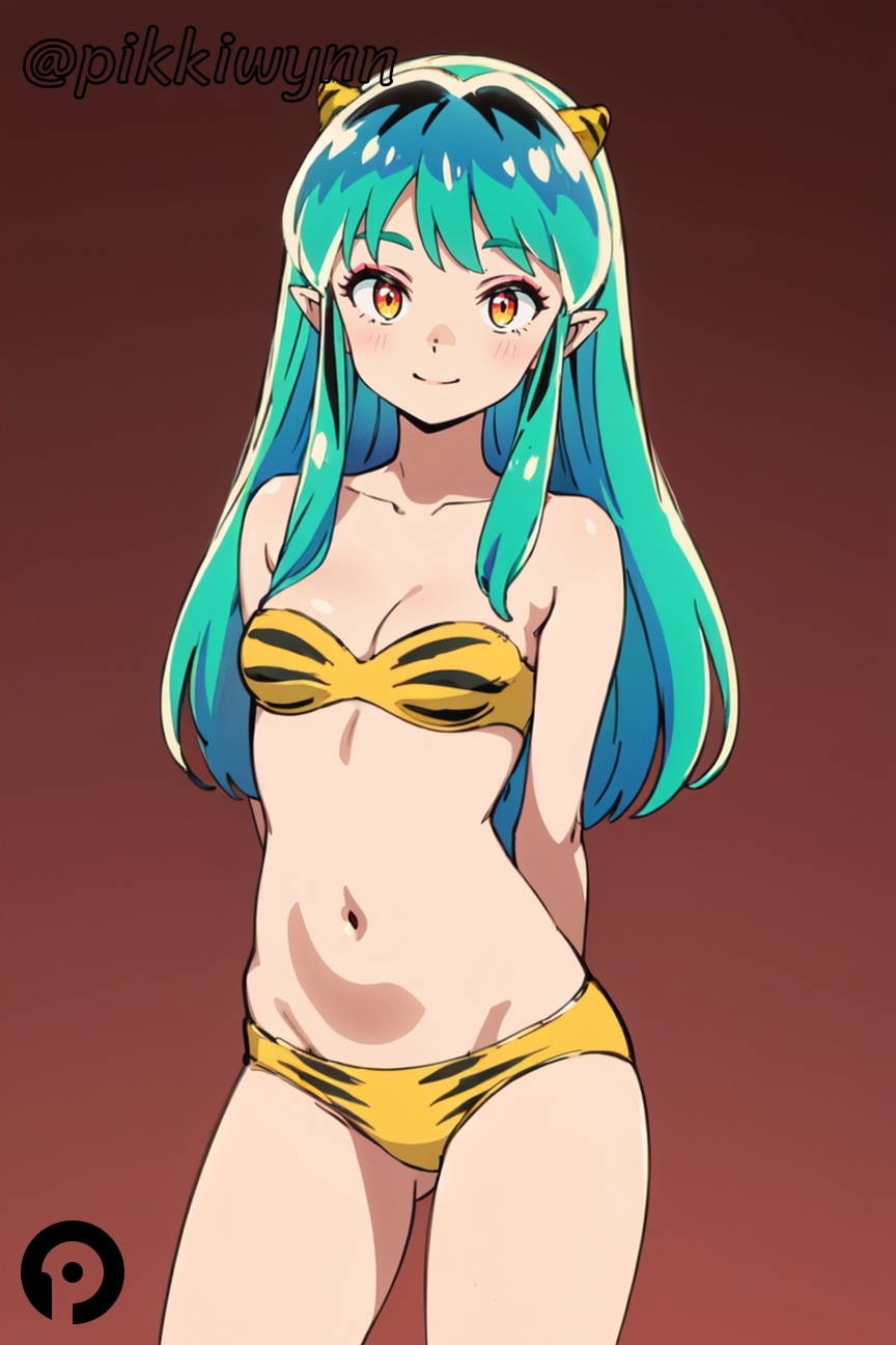 ai_generated animal_print arms_behind_back ass_visible_through_thighs bangs bare_shoulders bikini blush breasts cleavage closed_mouth collarbone cowboy_shot female gradient gradient_background green_hair horns long_hair looking_at_viewer lum medium_breasts navel oni oni_horns orange_eyes pikkiwynn pointy_ears print_bikini red_background simple_background smile solo stomach strapless strapless_bikini swimsuit tiger_print urusei_yatsura yellow_bikini yellow_eyes