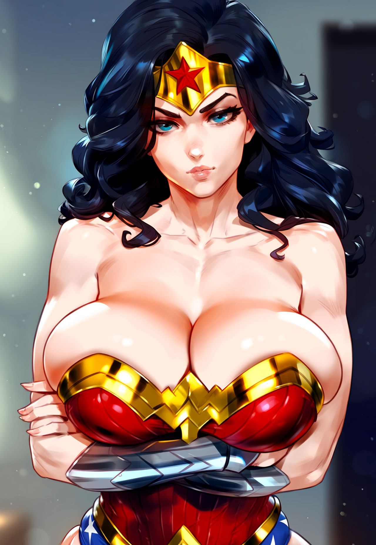 1girls, ai generated, bare shoulders, black hair, blue eyes, breasts, circlet, cleavage, closed mouth, clothing, crossed arms, crown, curvaceous, curvaceous female, curvaceous figure, curvy, curvy figure, dc, dc comics, diana prince, female, female focus, female only, floxin, headwear, huge breasts, justice league, large breasts, leotard, lips, lipstick, long hair, looking at viewer, makeup, red leotard, skindentation, solo, star (symbol), superhero, superheroine, thighs, tiara, voluptuous, voluptuous female, wonder woman, wonder woman (series)
