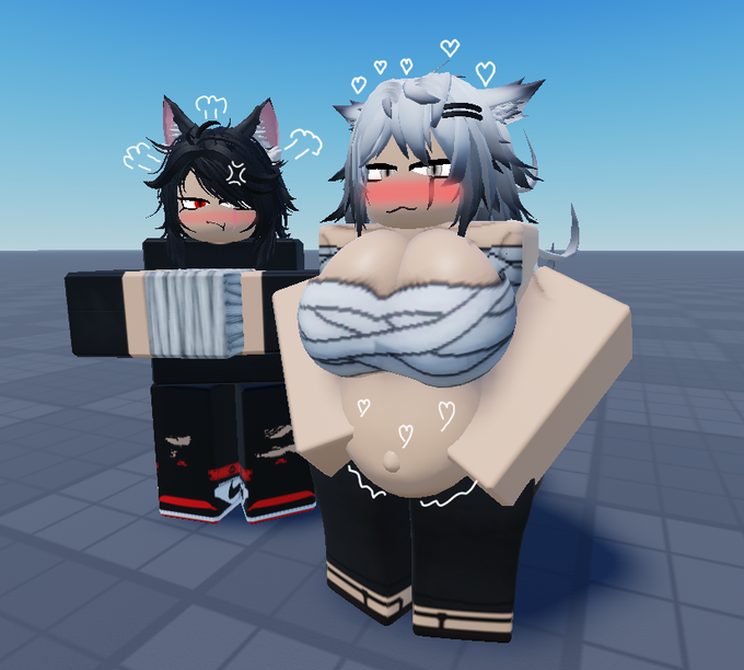 bandages belly_inflation blushing clothed gray_eyes heart lappdummyrr34 pregnant red_eyes roblox robloxian shaking zoratempest19