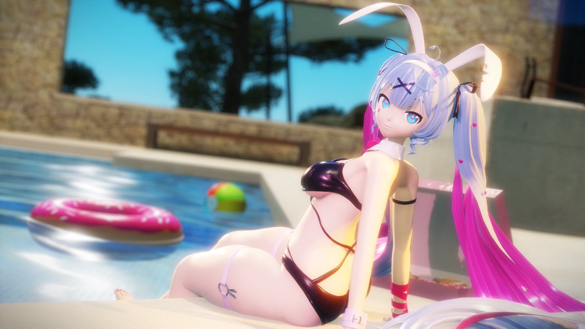 big_ass big_breasts bikini clothed hatsune_miku looking_at_viewer mikou_39 pool rabbit_ears rabbit_hole_(vocaloid) sitting swimsuit thick_thighs twintails vocaloid