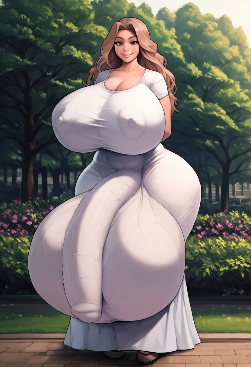 ai_generated asian_female bulge_under_clothes dress futanari hyper hyper_balls hyper_penis intersex japanese_female silenteye white_dress