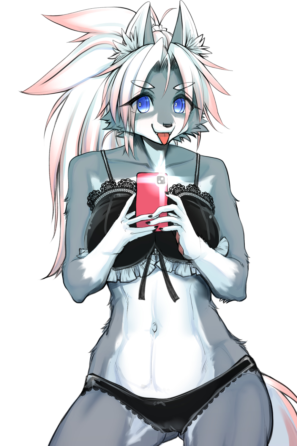 abs anthro breasts canid canine canis clothing electronics female hi_res lingerie looking_at_viewer mammal navel okami_bark ookamiwaho phone selfie smile smiling_at_viewer solo tongue tongue_out wolf